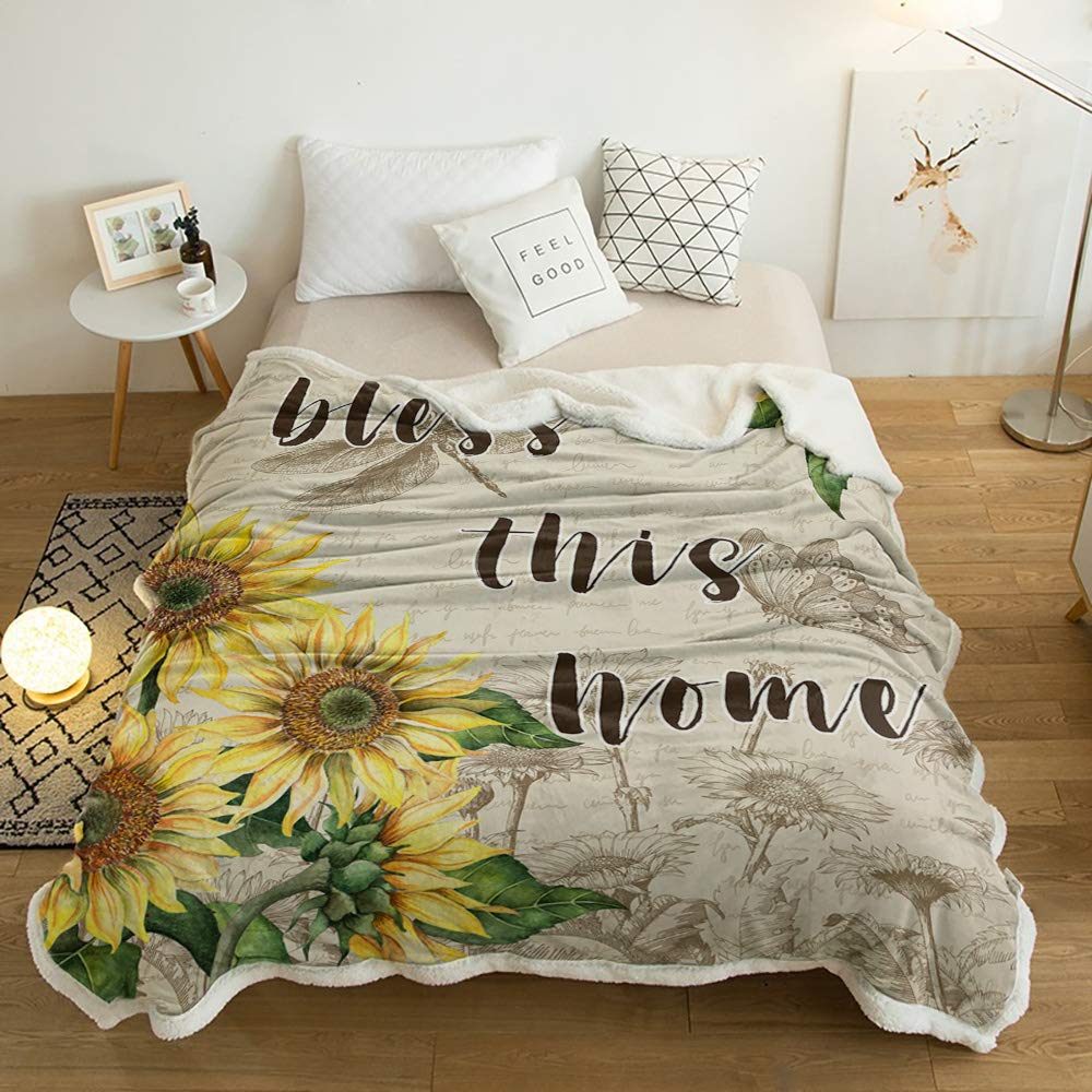 Sherpa Fleece Throw Blanket - Ultra Soft Cozy Plush Microfiber Blanket for Couch & Bed (59x79 inch) | Warm Winter Blanket for Home, Office, Travel - Bless This Home Sunflower Butterfly Design
