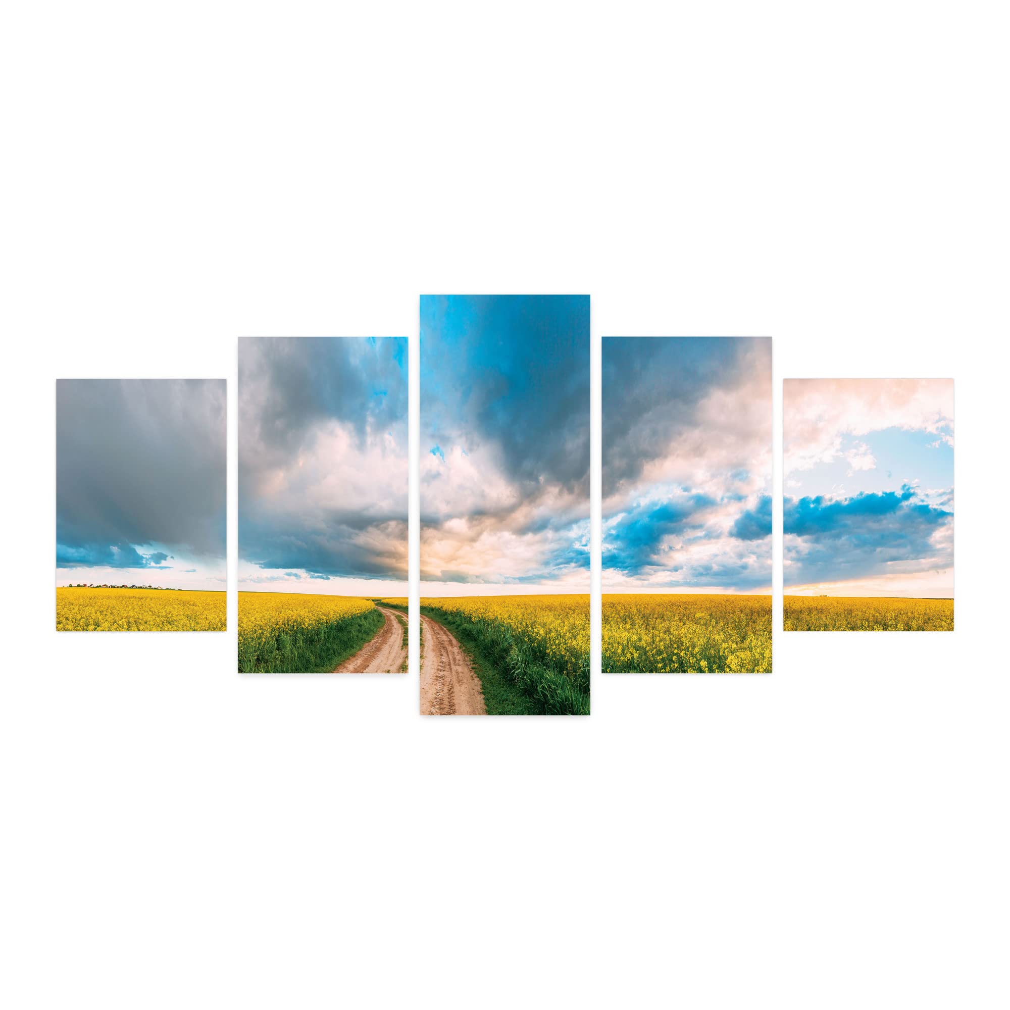 Ambesonne 5-Panel Acrylic Glass Wall Art - Fluffy Dramatic Sky & Rapeseed Flowers Country Road Landscape Painting, 60