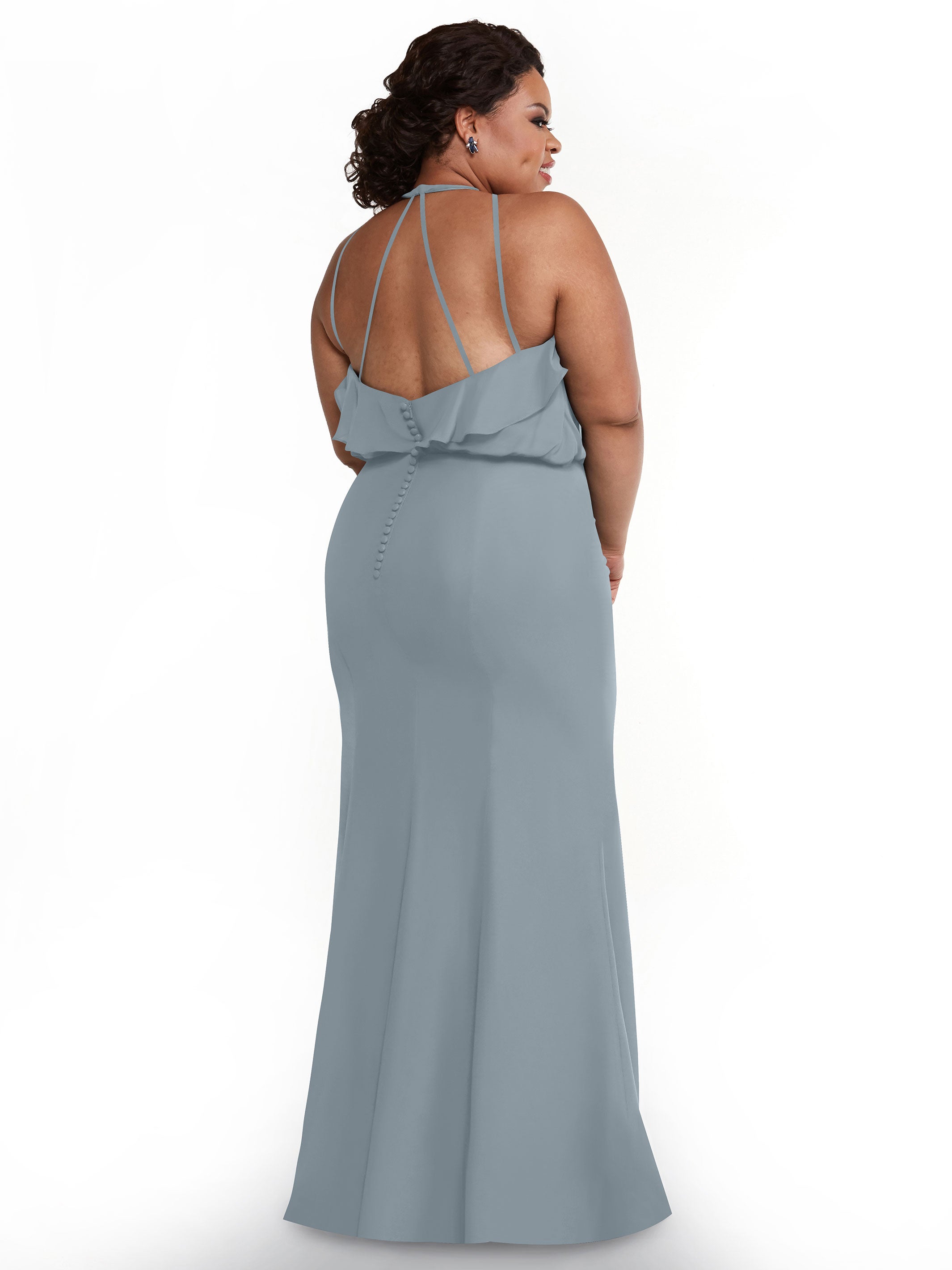 Elegant 80147 Fit and Flare Chiffon Bridesmaid Dress with Ruffled Neckline & Thigh Slit - Perfect for Weddings, Proms, and Formal Events