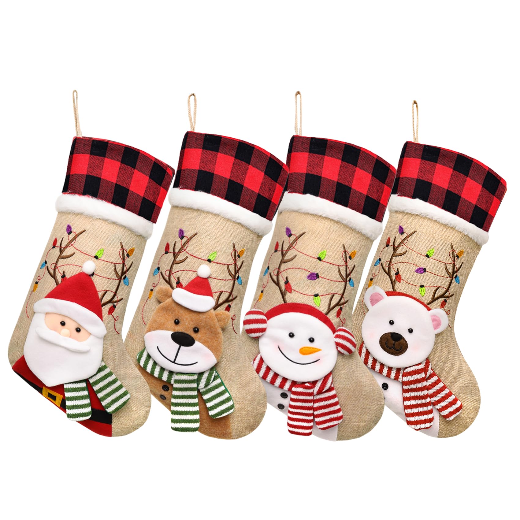 ELEGANTPARK 4-Piece Buffalo Plaid Christmas Stockings Set with 3D Santa Snowman Reindeer Embroidery & Fur Cuff - Festive Holiday Decor for Fireplace Mantel, Tree, and Family Gift Exchange