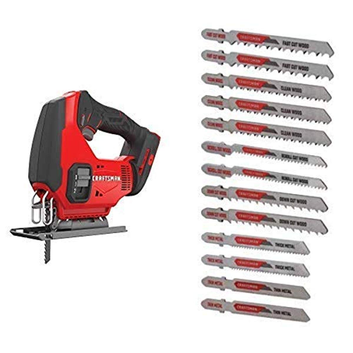 CRAFTSMAN V20 Cordless Jig Saw Tool Only with 13-Piece T-Shank Jigsaw Blades Set (CMCS600B & CMAJ1SET13) - Perfect for Woodworking, DIY Projects, and Home Renovations