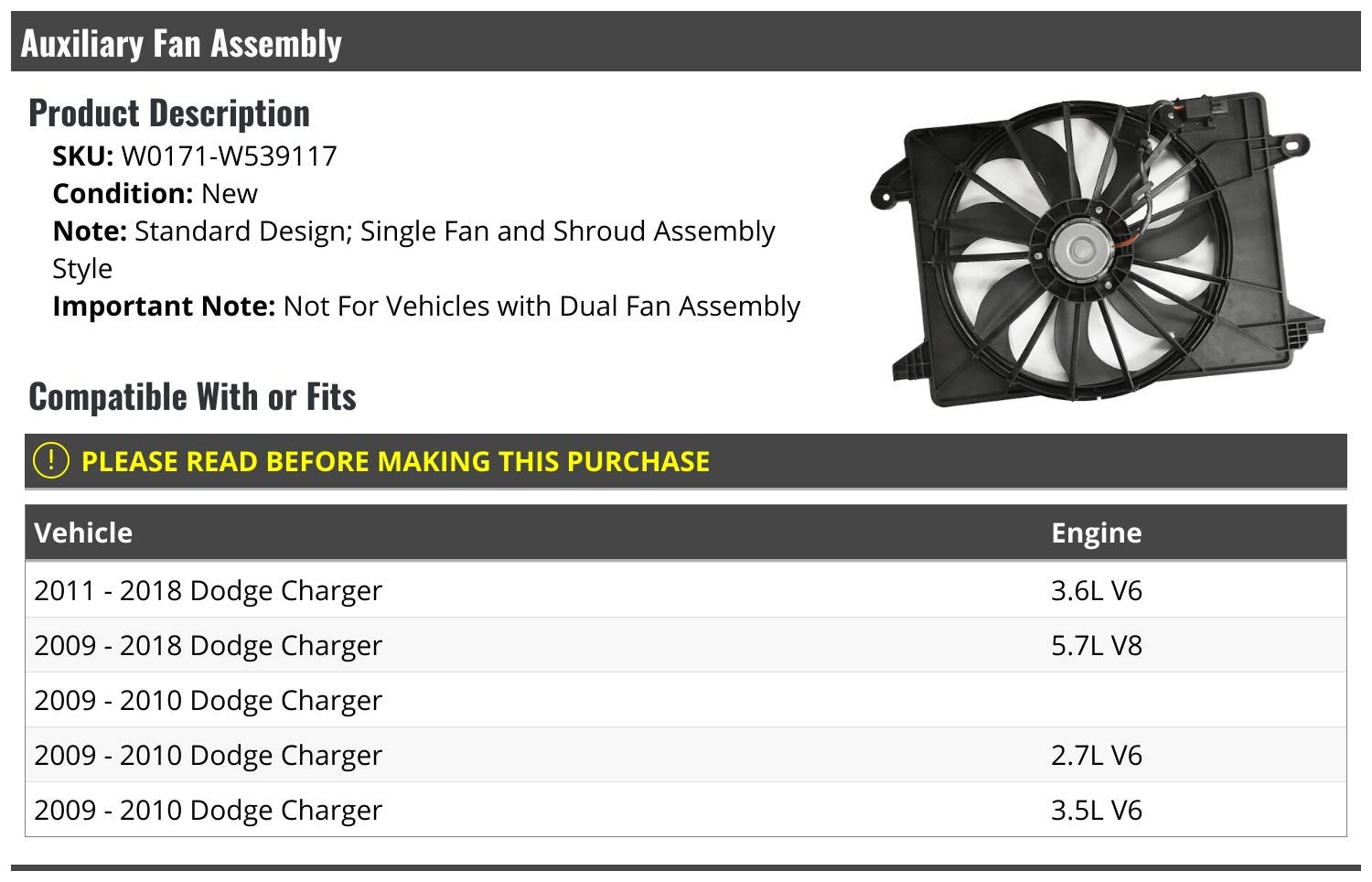 2009-2018 Dodge Charger Single Fan Replacement - Auxiliary Cooling Fan Assembly | Perfect for Engine Cooling & Overheating Prevention | Fits All Dodge Charger Models (Except Dual Fan Versions)