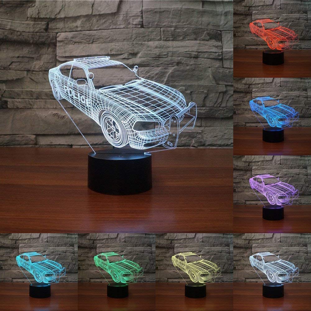 3D Police Car Night Light - USB Touch Switch LED Table Lamp with 7 Color Changing Modes, Optical Illusion Decor for Kids Room, Birthday Gift, Home Office Desk Decoration
