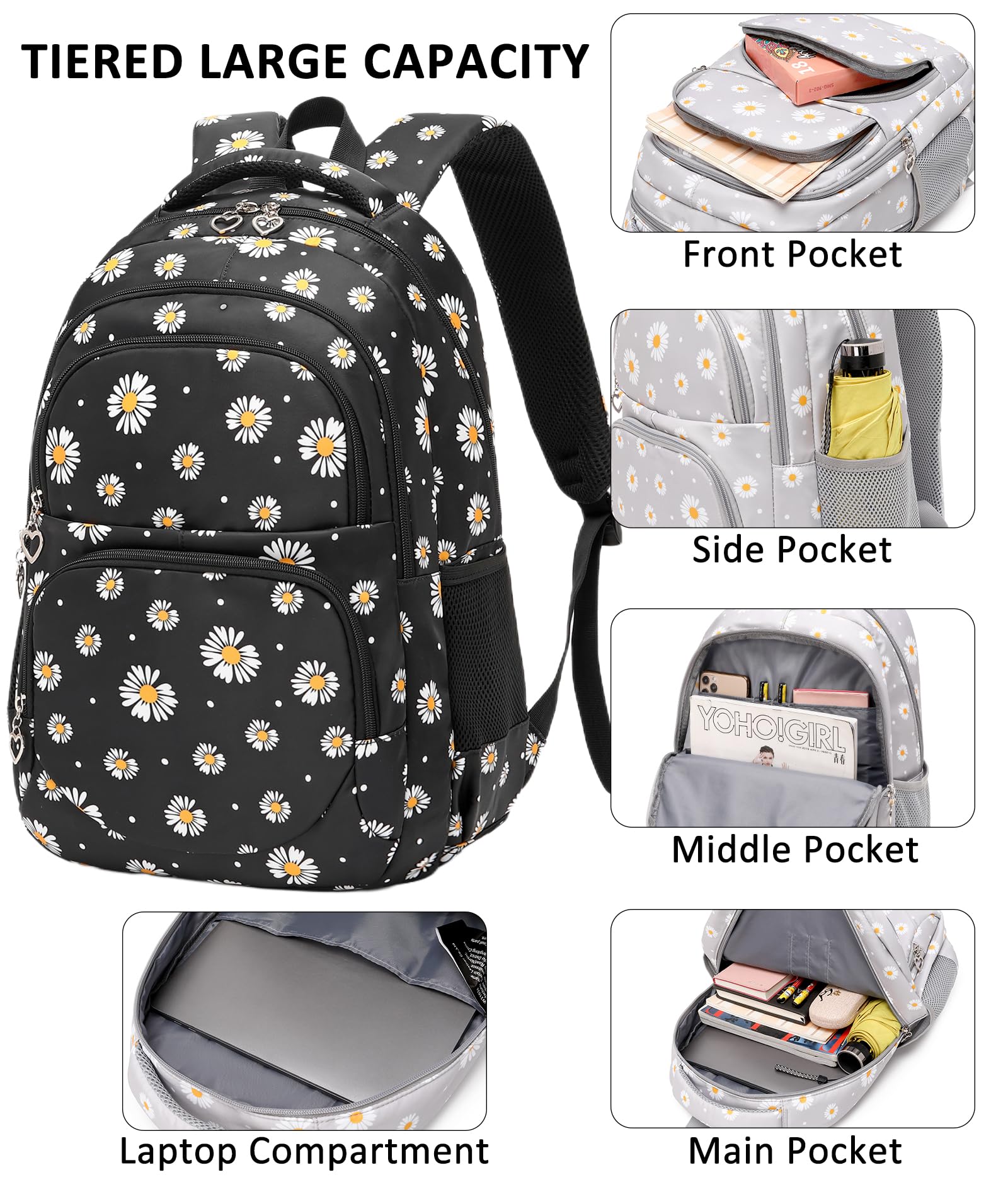 **Cute Daisy Print Girls Backpack for School - Lightweight Elementary Bookbag with Lunch Box & Pencil Case - Perfect for Kindergarten, Primary School & Travel**