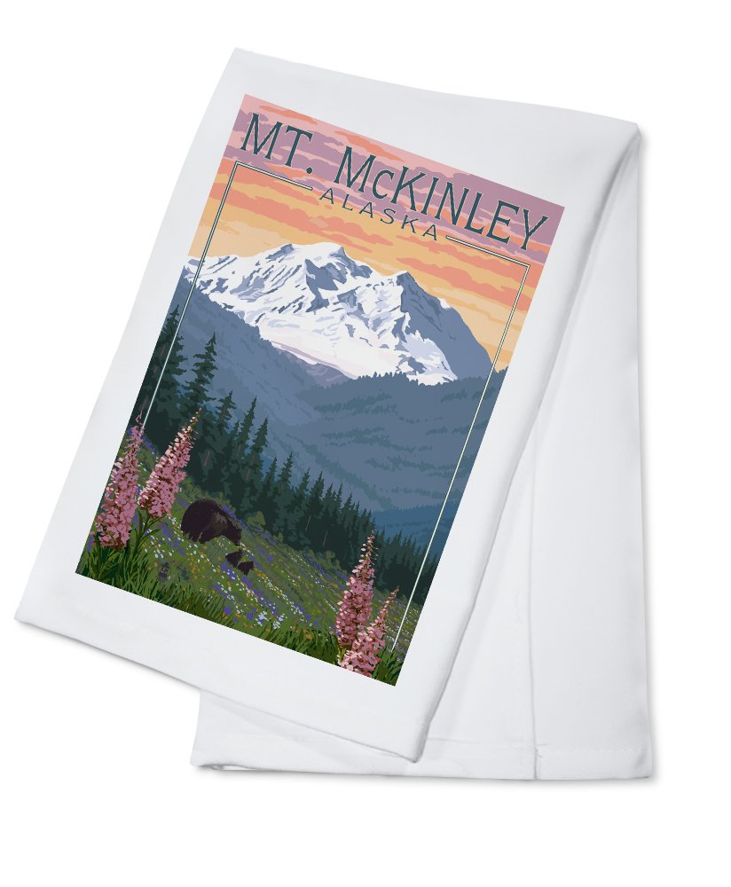 100% Cotton Tea Towel - Alaska Mount McKinley Bear and Cubs Spring Flowers Design - Decorative Hand Towel for Kitchen, Bathroom & Home Decor - Perfect for Gifts, Housewarming & Rustic Cabin Decor