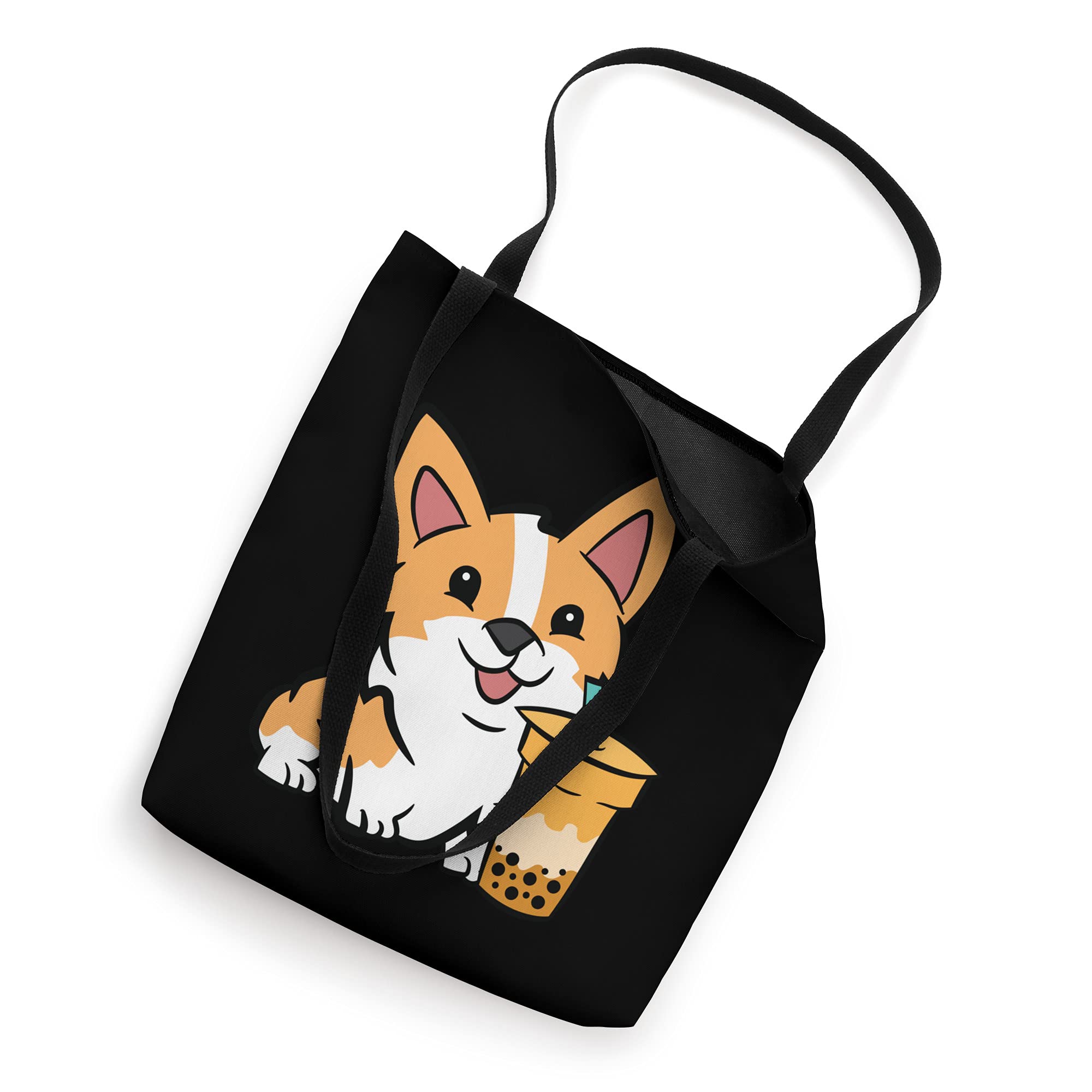 Cute Corgi Dog with Boba Tea Print Tote Bag - Reusable Shopping Bag for Women, Groceries, Beach & Work - Funny Bubble Tea Lover Gift