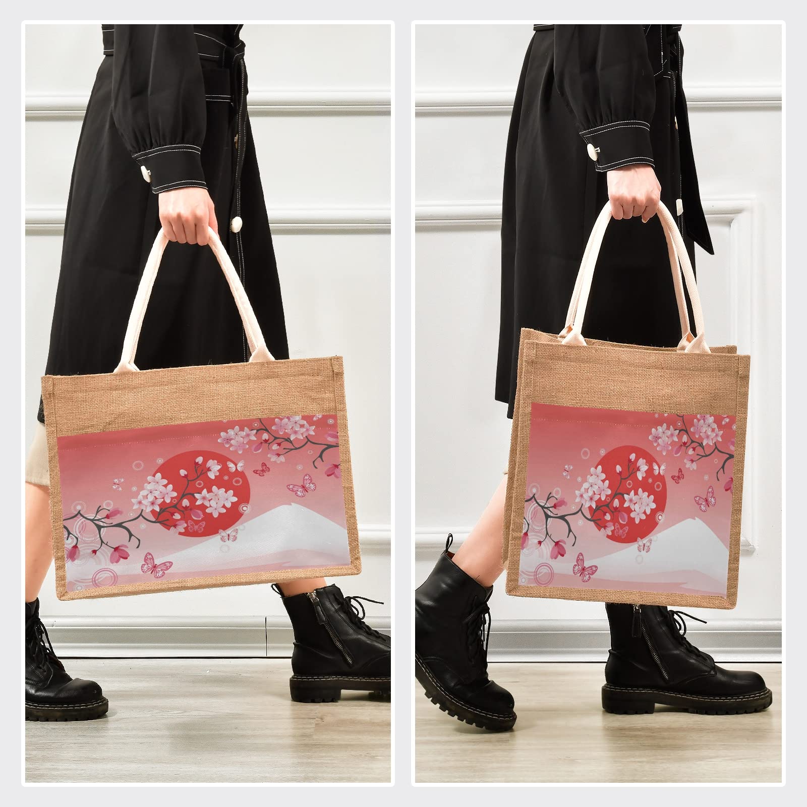 ALAZA Japanese Cherry Blossom Butterfly Jute Tote Bag for Women - Eco-Friendly Grocery Shopping & Beach Tote with Handles - Perfect for Outdoor Travel, Picnics & Farmers Market