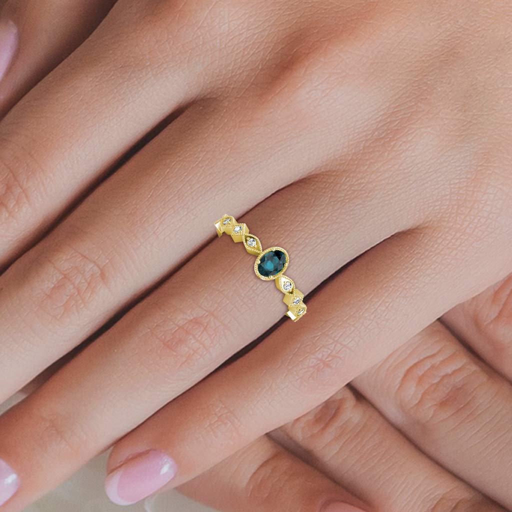 14K Gold Oval Cut London Blue Topaz & Natural Diamond Women's Engagement Ring - 1 ctw Marquise Square Milgrain Design for Weddings, Anniversaries & Special Occasions