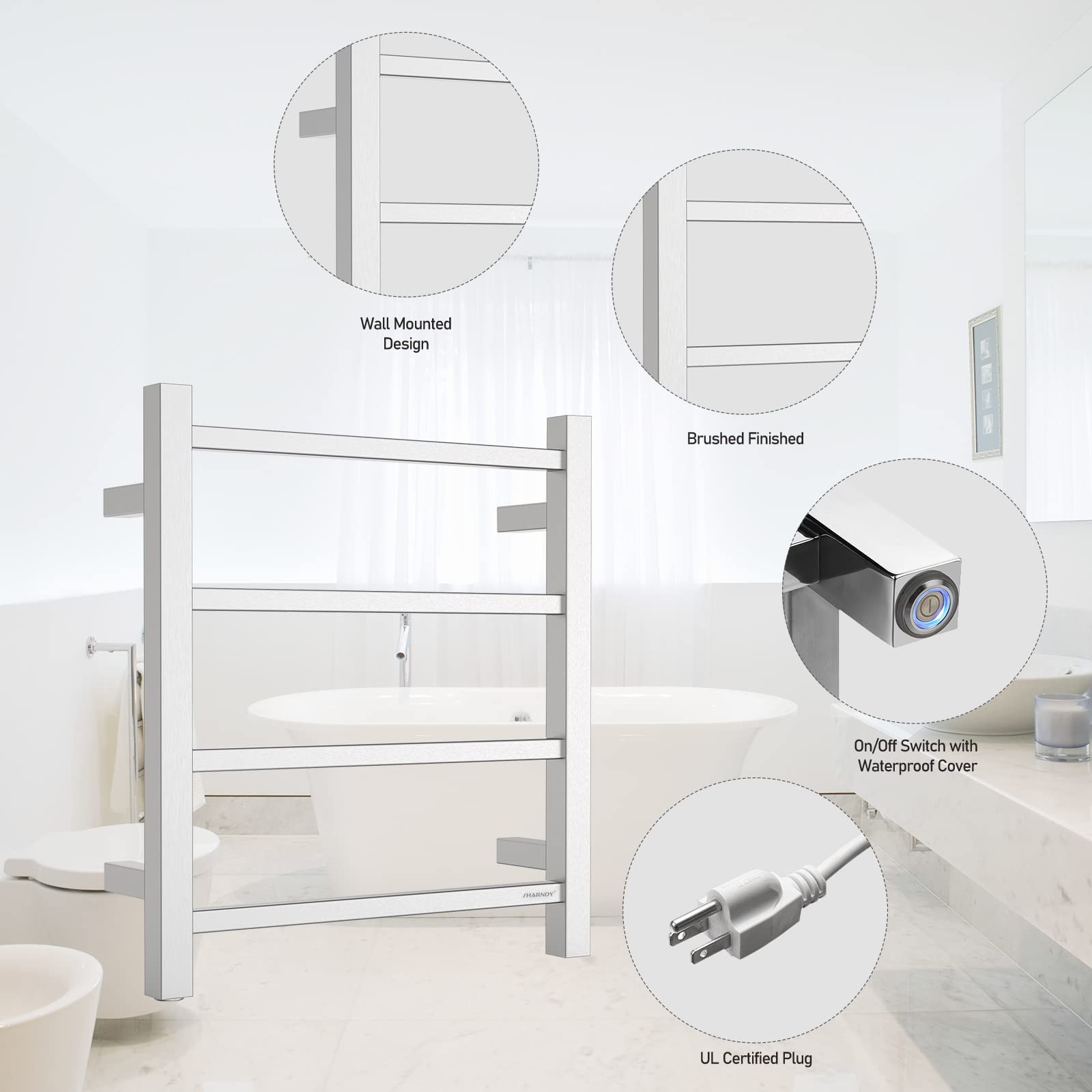 Brushed Nickel Electric Towel Warmer - Wall Mounted Bathroom Heated Towel Rack (19.69x17.71x4.33 Inches) with 4 Stainless Steel Bars, 35W Plug-in Drying Rack for Spa, Luxury Bathroom & Home Use - Model ETW13-2A