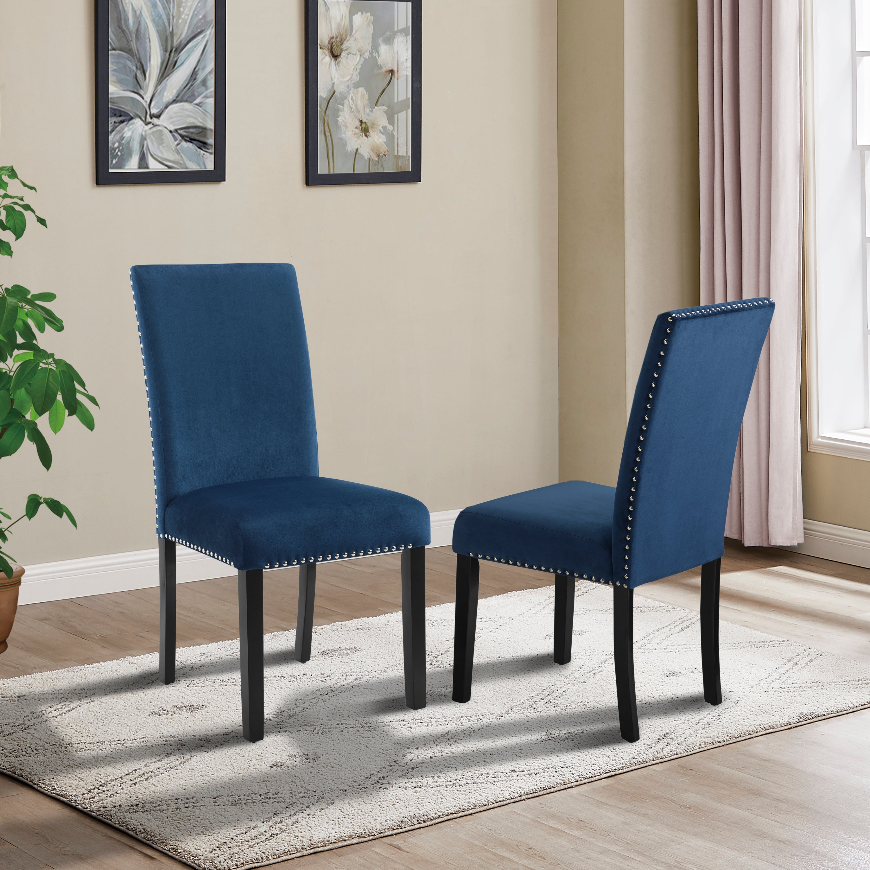 Modern Velvet Dining Chairs with Nailhead Trim - Set of 2 Blue Upholstered Chairs for Elegant Dining Room, Kitchen or Home Office Decor
