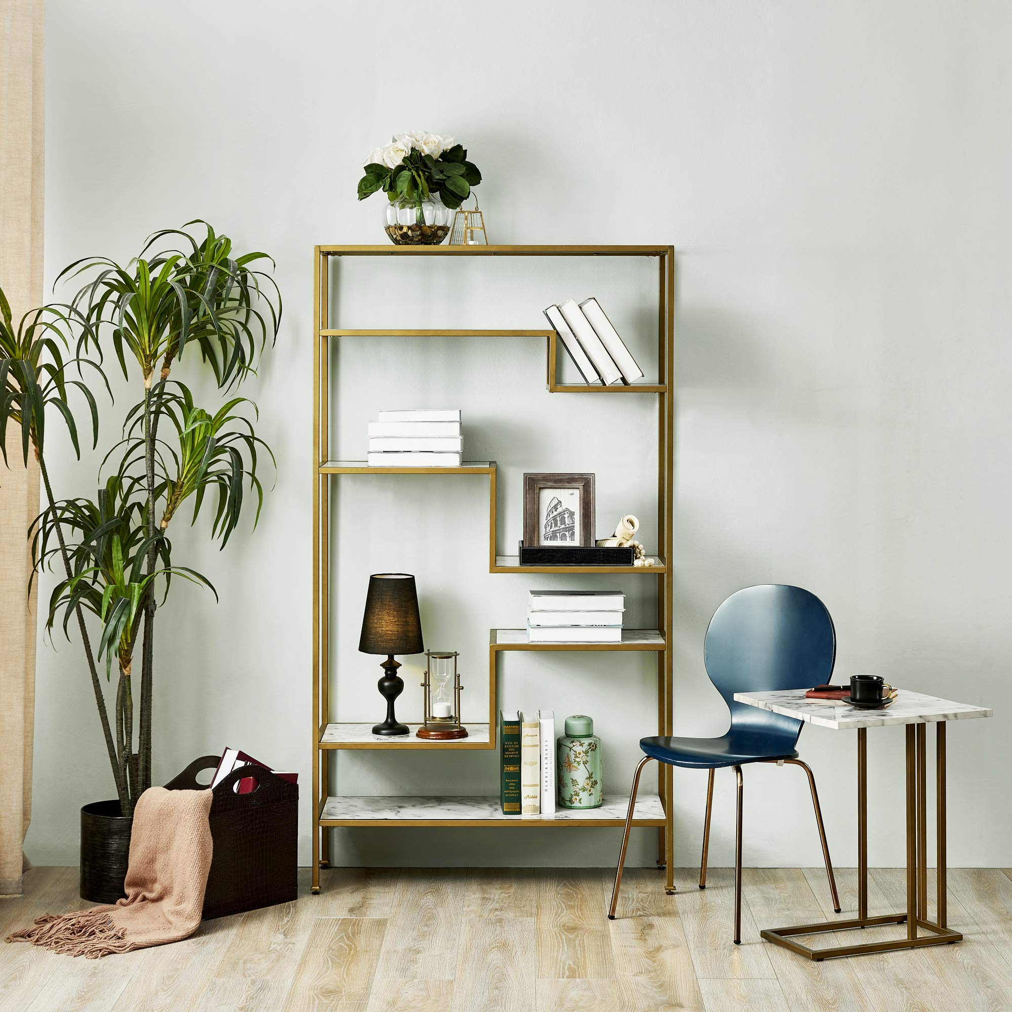 Versanora Marmo C-Shaped Accent Side Table with Faux Marble Top - 25 Inch Height, Brass Finish - Perfect for Living Room, Home Office & Bedroom Decor