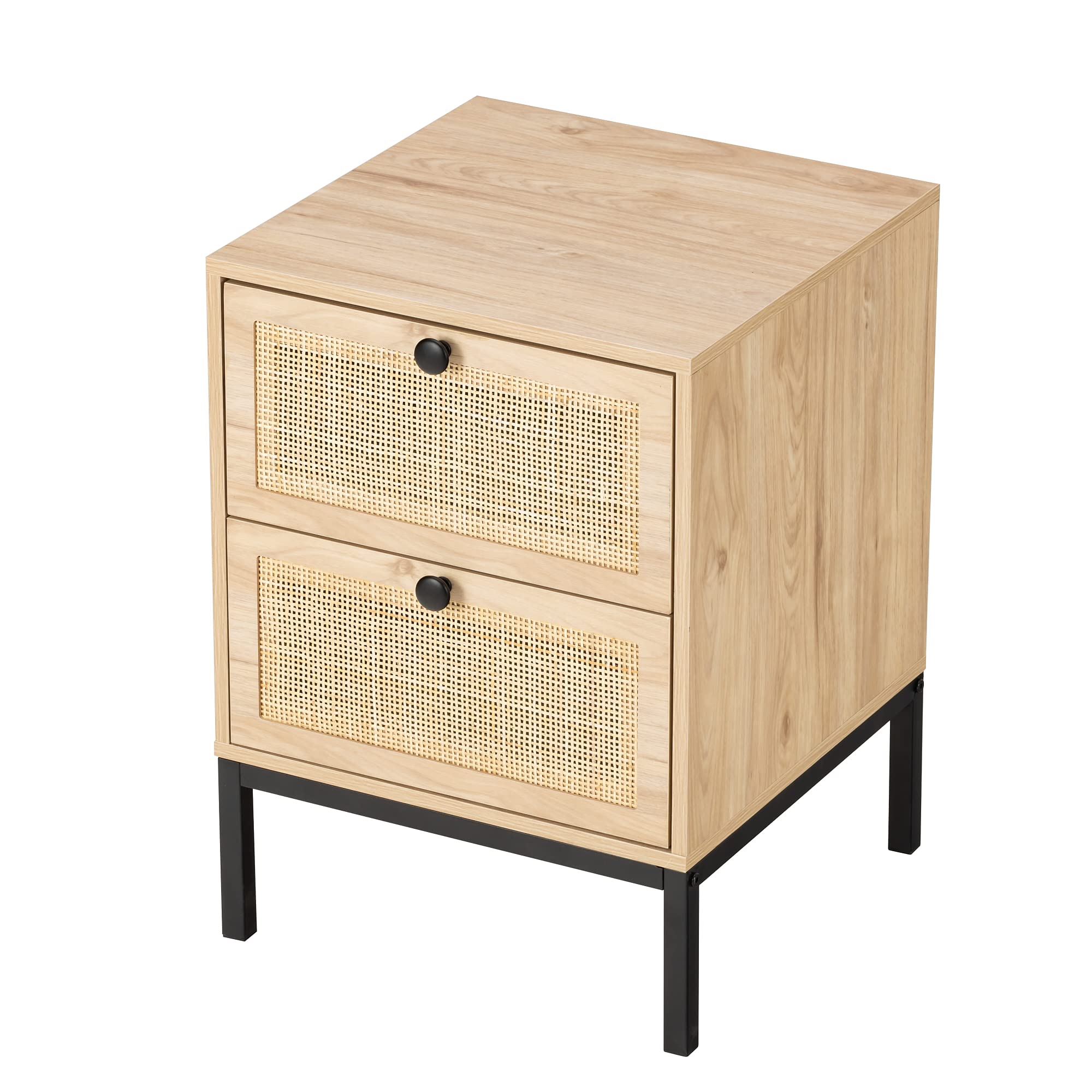 Natural Rattan Nightstand Set of 2 - Boho Bedside Tables with Drawers & Metal Legs, Cane End Tables for Bedroom & Living Room - Perfect for Small Spaces & Home Decor
