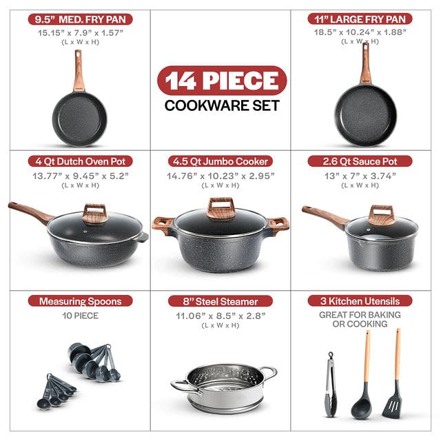 Bakken-Swiss 14-Piece Nonstick Cookware Set - Granite Coating, Eco-Friendly Kitchen Pots & Pans for Gas, Electric & Induction Stoves, Oven Safe to 450°F - Perfect for Frying, Boiling & Baking at Home