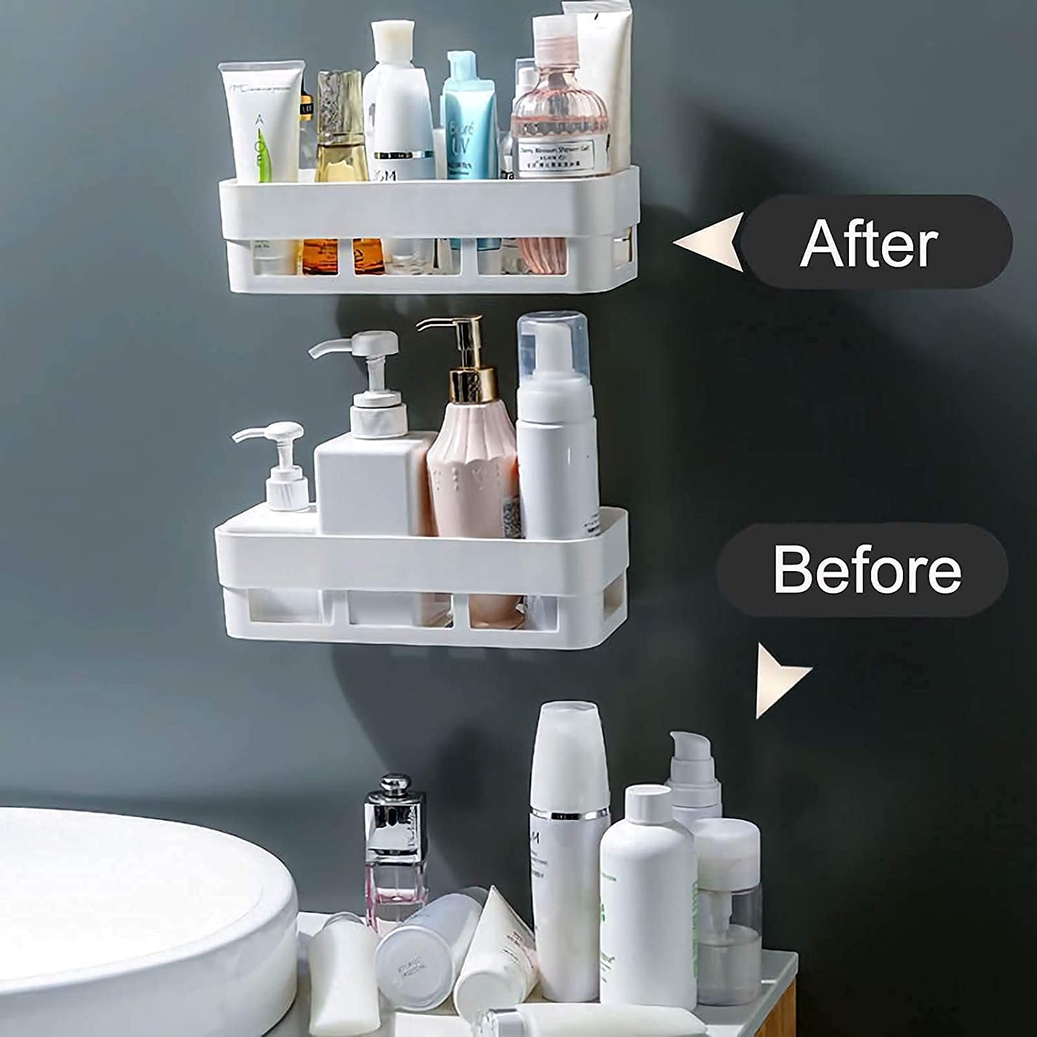 MorivaHomes White Plastic Wall Mount Shelf - Multipurpose Bathroom Storage Organizer with 2 Shelves & 2 Soap Boxes | Perfect for Small Space Organization, Shower Caddy, Kitchen Utensil Storage & Bathroom Accessories
