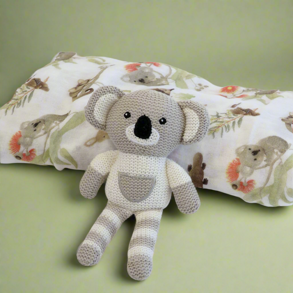 Aussie Animals Koala Muslin Swaddle Blanket & Knit Rattle Toy Gift Set for Newborns - Soft Baby Wrap & Crib Nursery Essentials for Shower, Photography & Travel