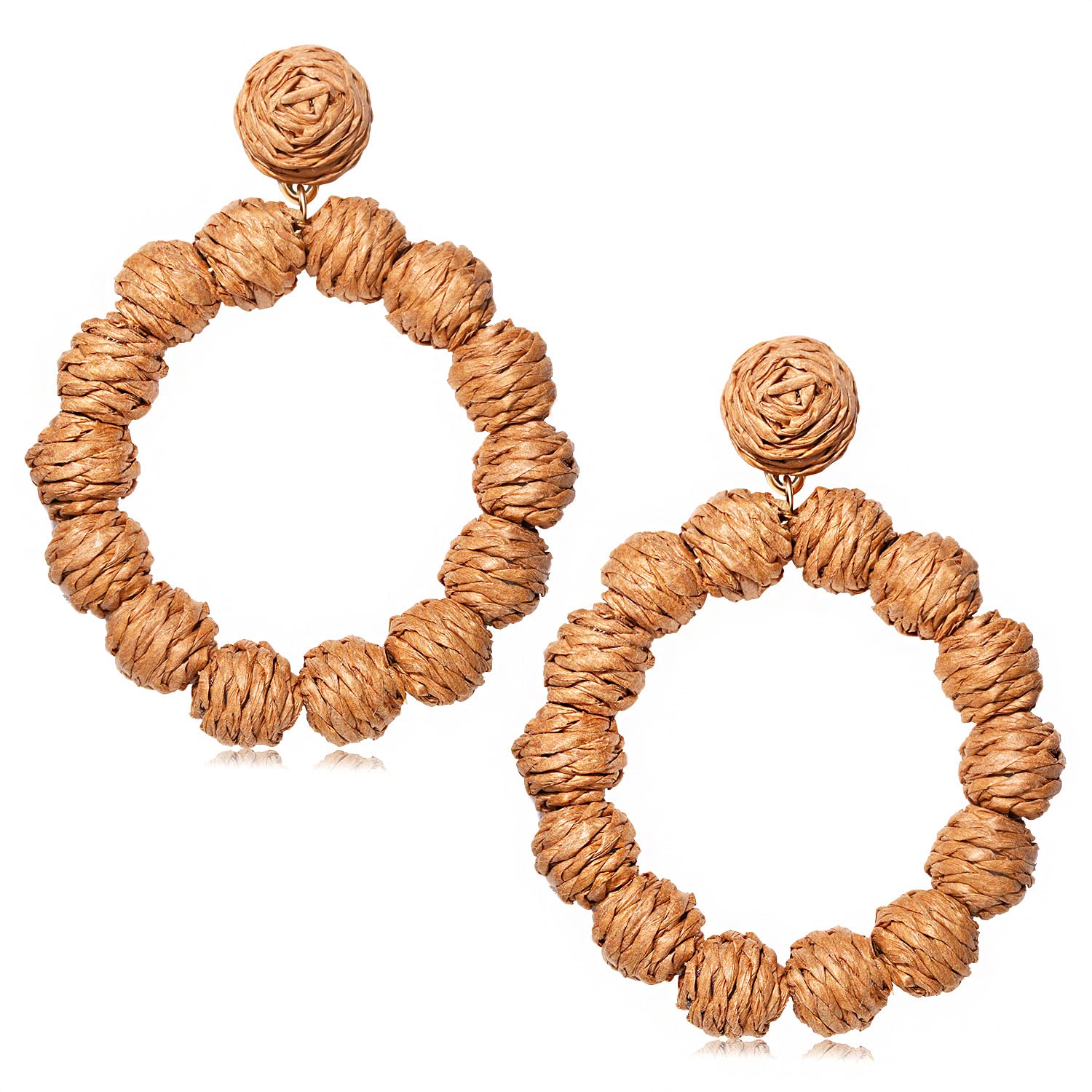 Handmade Bohemian Rattan Ball Hoop Dangle Earrings for Women - Natural Braided Straw Wicker Raffia Earrings - Perfect Summer Beach Accessory & Boho Chic Gift for Her