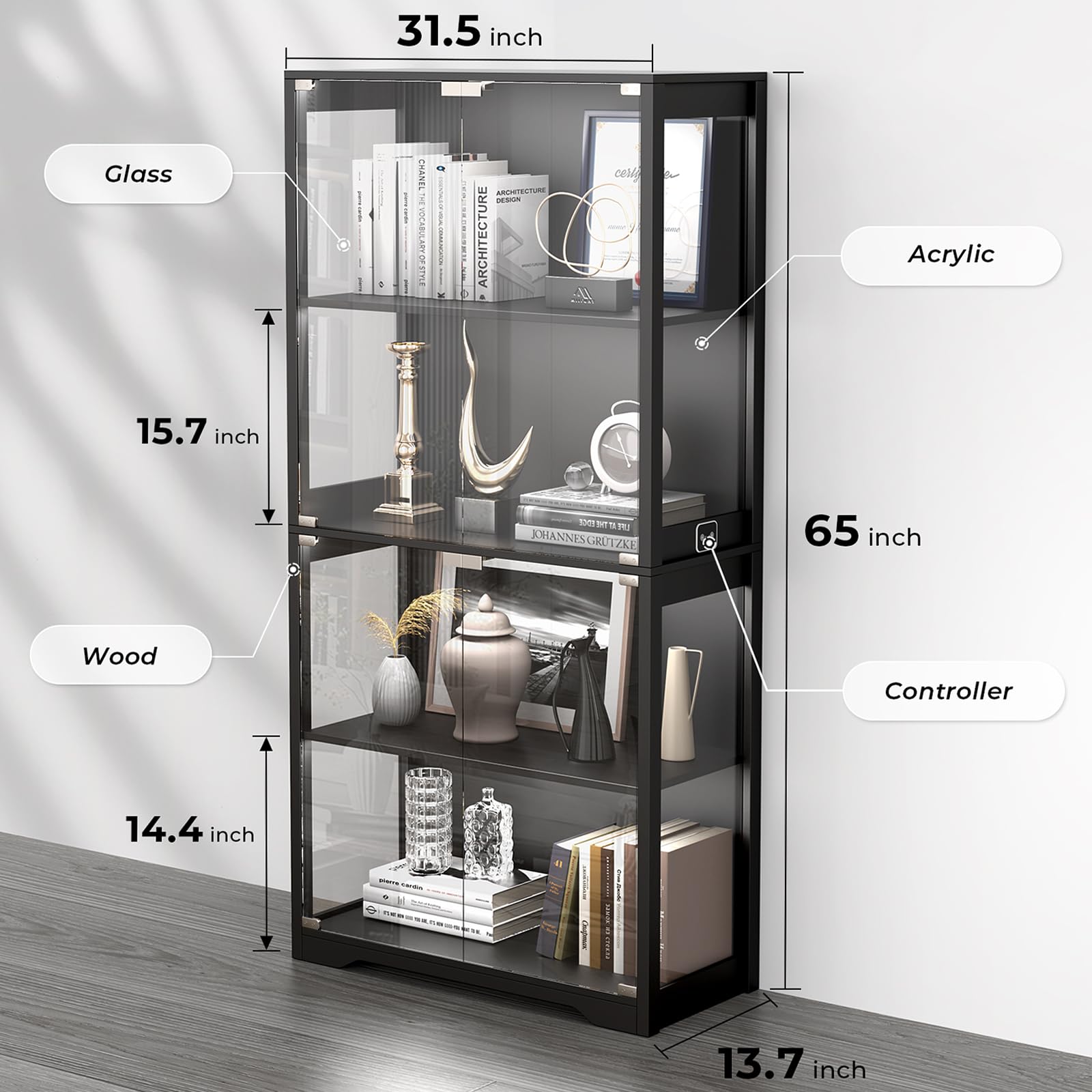 4-Tier Glass Display Cabinet with LED Lights & Motion Sensor - Black Curio Cabinet for Collectibles, China, Figurines | Perfect for Living Room, Bedroom, or Office Decor