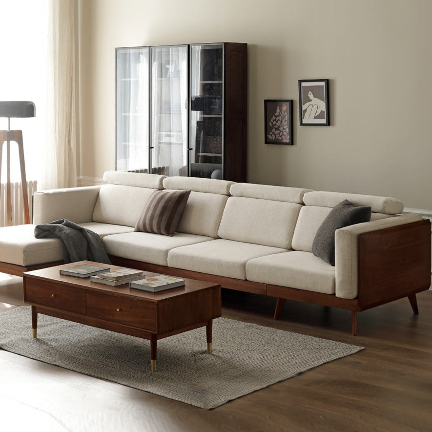 Premium Black Walnut & Ash Solid Wood Adjustable Headrest Sofa - Modern Living Room Furniture for Relaxation & Comfort