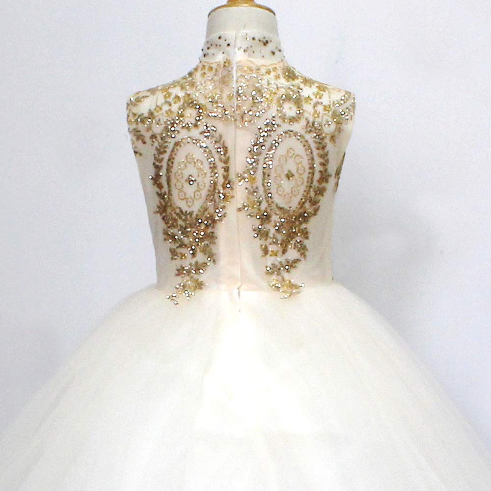 Elegant Gold Lace Flower Girl Dress - Long Puffy Tulle Ball Gown for Pageants, Prom & Special Occasions | Perfect for Weddings, Birthday Parties & Formal Events