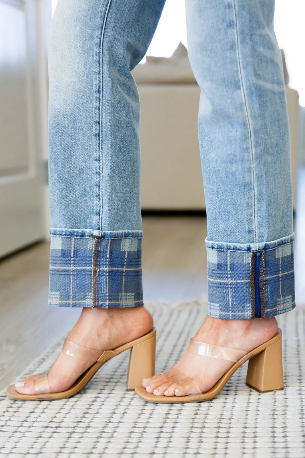 Miranda High Rise Plaid Cuff Vintage Straight Jeans for Women - Classic Retro Denim Pants with Checkered Hem Detail | Perfect for Casual Outfits, Date Nights & 90s Fashion Looks