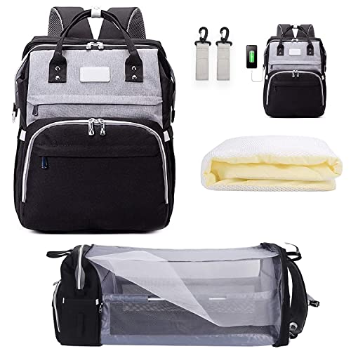 Baby Diaper Backpack with Changing Station, Travel Bassinet & Mosquito Net - Large Waterproof Diaper Bag with USB Charging Port & Stroller Straps (Black-Grey) - Perfect for Travel, Outings & Parenting On-The-Go