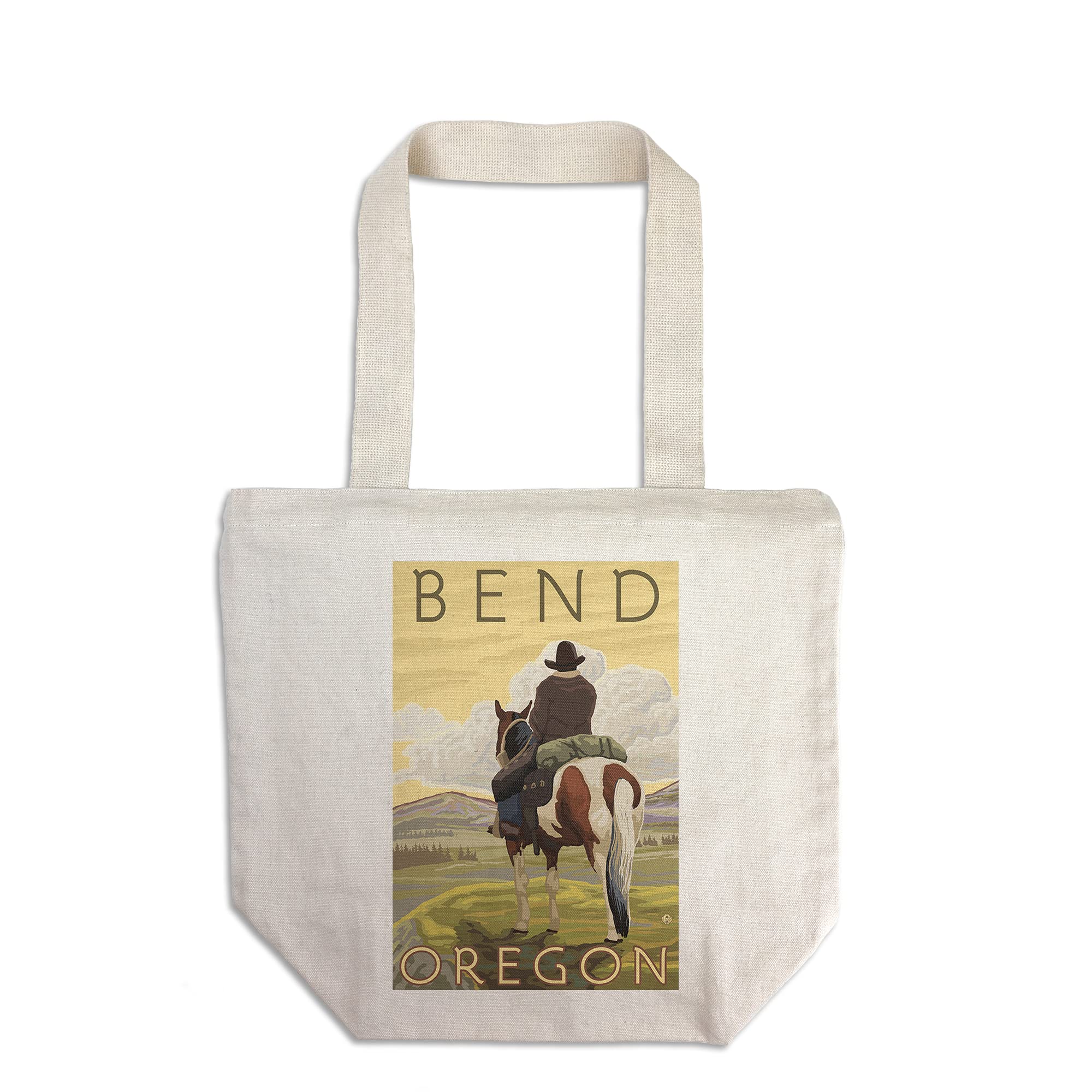 Lantern Press Bend Oregon Cowboy & Horse Tote Bag - 100% Cotton Canvas Reusable Shopping Bag - Perfect for Groceries, Beach Trips & Farmers Market