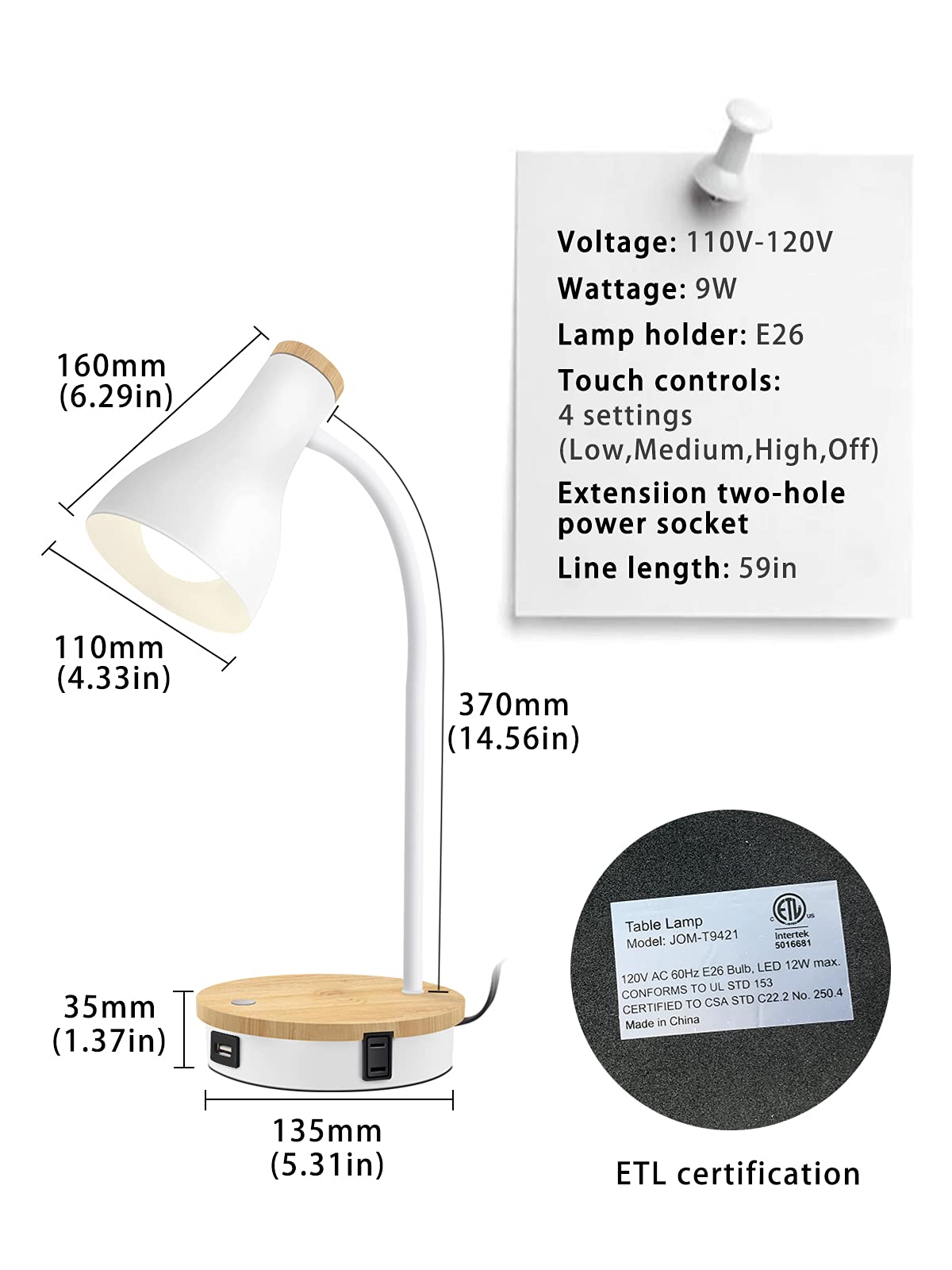 Wireless Charging Metal Desk Lamp - 3-Way Dimmable Touch Control LED Reading Light with USB Ports for Bedroom, Study, Office | Modern Arc Design for Nightstand & Workspace (White)