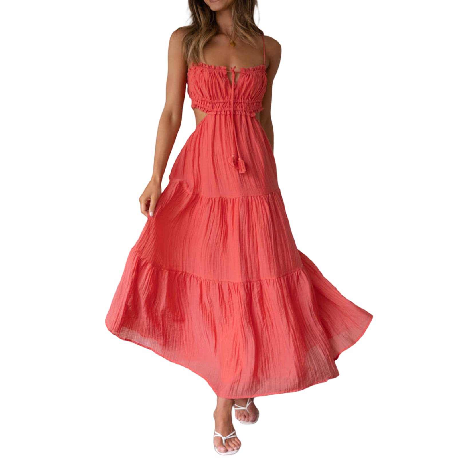 Axupico Women's Summer Maxi Dress - Solid Color Sleeveless Tie-Up Backless Flowy Dress for Wedding Guest, Beach Party & Date Night