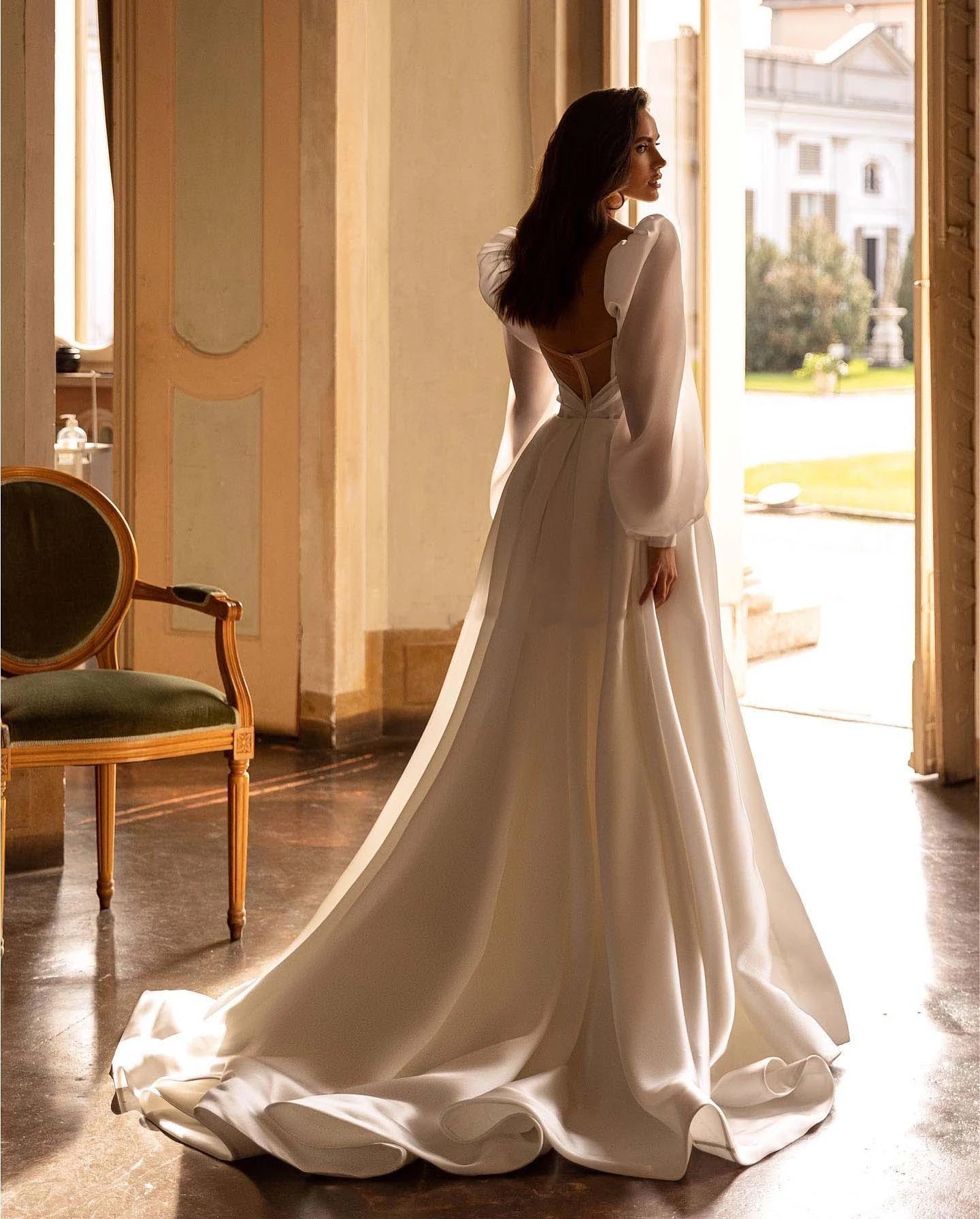 Vintage A-Line Chiffon Satin Wedding Dress with Puff Sleeves - Elegant Bridal Gown for Vintage Theme Weddings, Prom & Formal Events