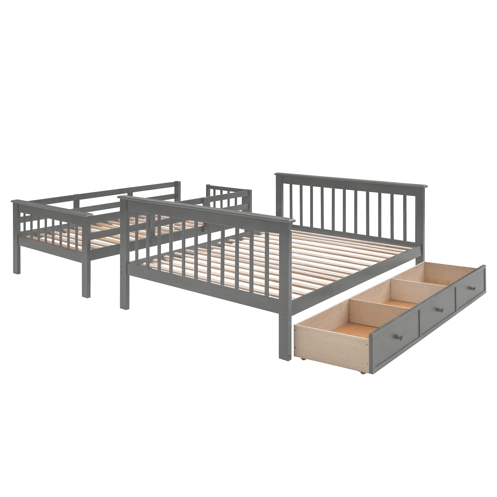 P PURLOVE Twin-Over-Full Bunk Bed with Drawer & Side Storage - Solid Wood Bunk Bed for Kids, Teens & Adults - Space-Saving Solution for Small Bedrooms, Dorm Rooms & Guest Rooms