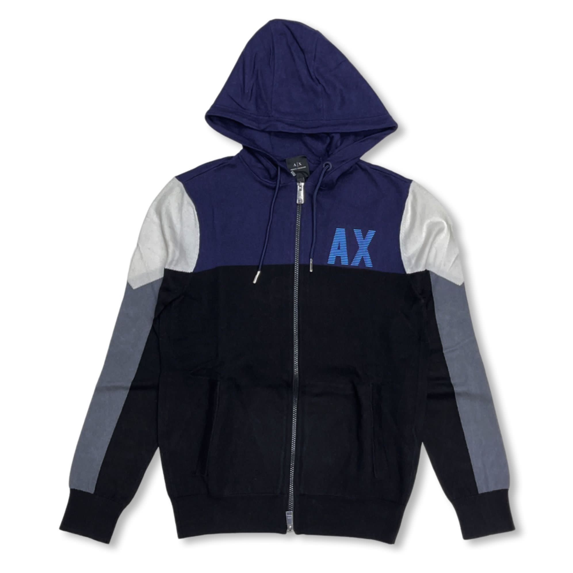 ARMANI EXCHANGE Men's Hooded Zip-Up Logo Sweatshirt - Navy & Gray Pullover for Casual Wear & Street Style