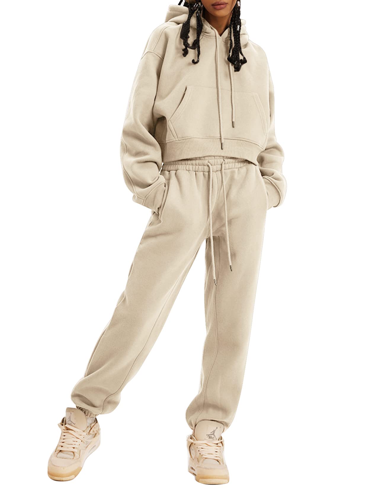 CozyPoin Women's Fleece 2-Piece Sweatsuit Set - Soft Crop Top & Pants Hoodie Tracksuit for Lounge, Workout & Casual Wear | Winter Comfort Outfit