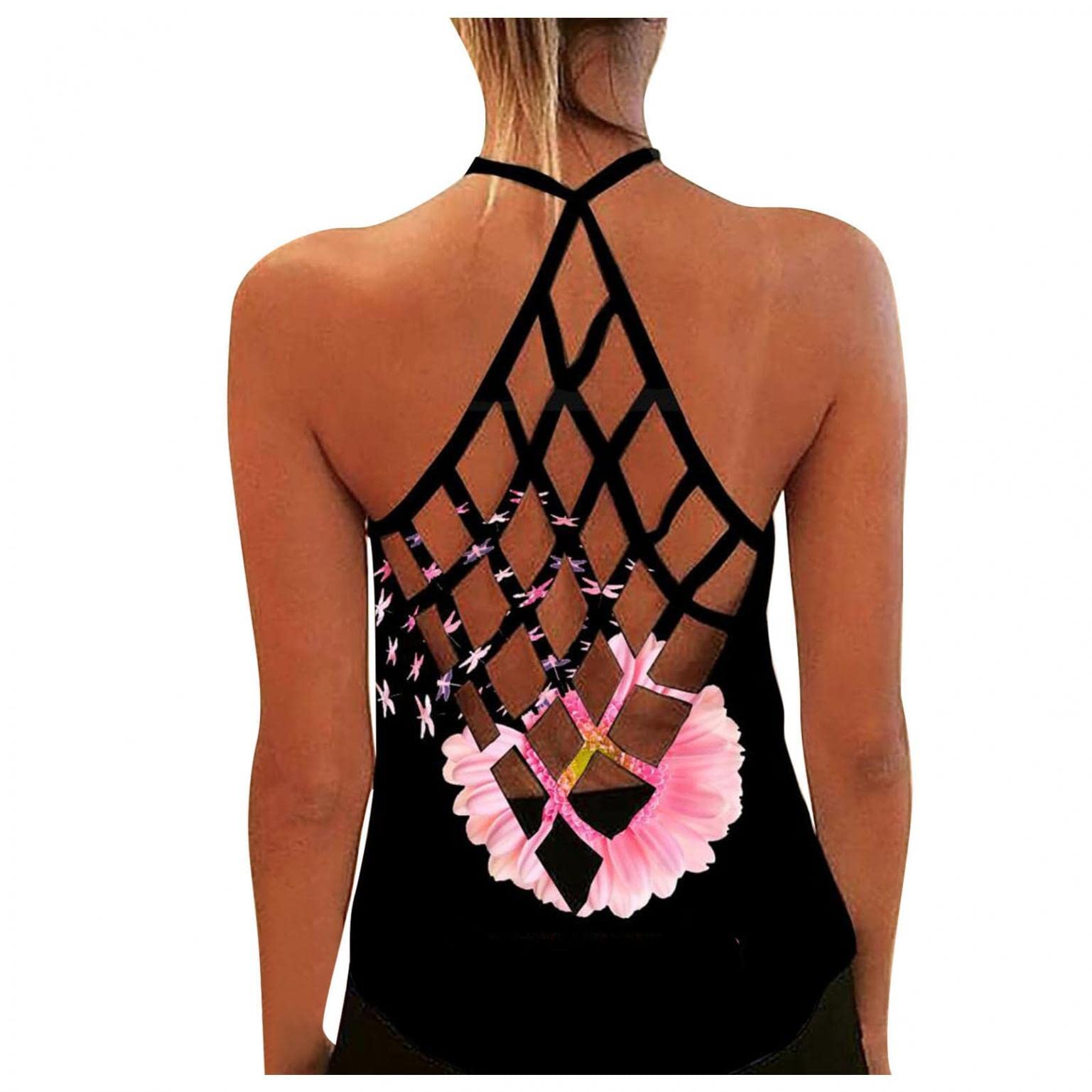 Women's Summer Sunflower Printed Backless Sleeveless Tank Tops - Casual Blouse for Beach, Vacation & Outdoor Activities