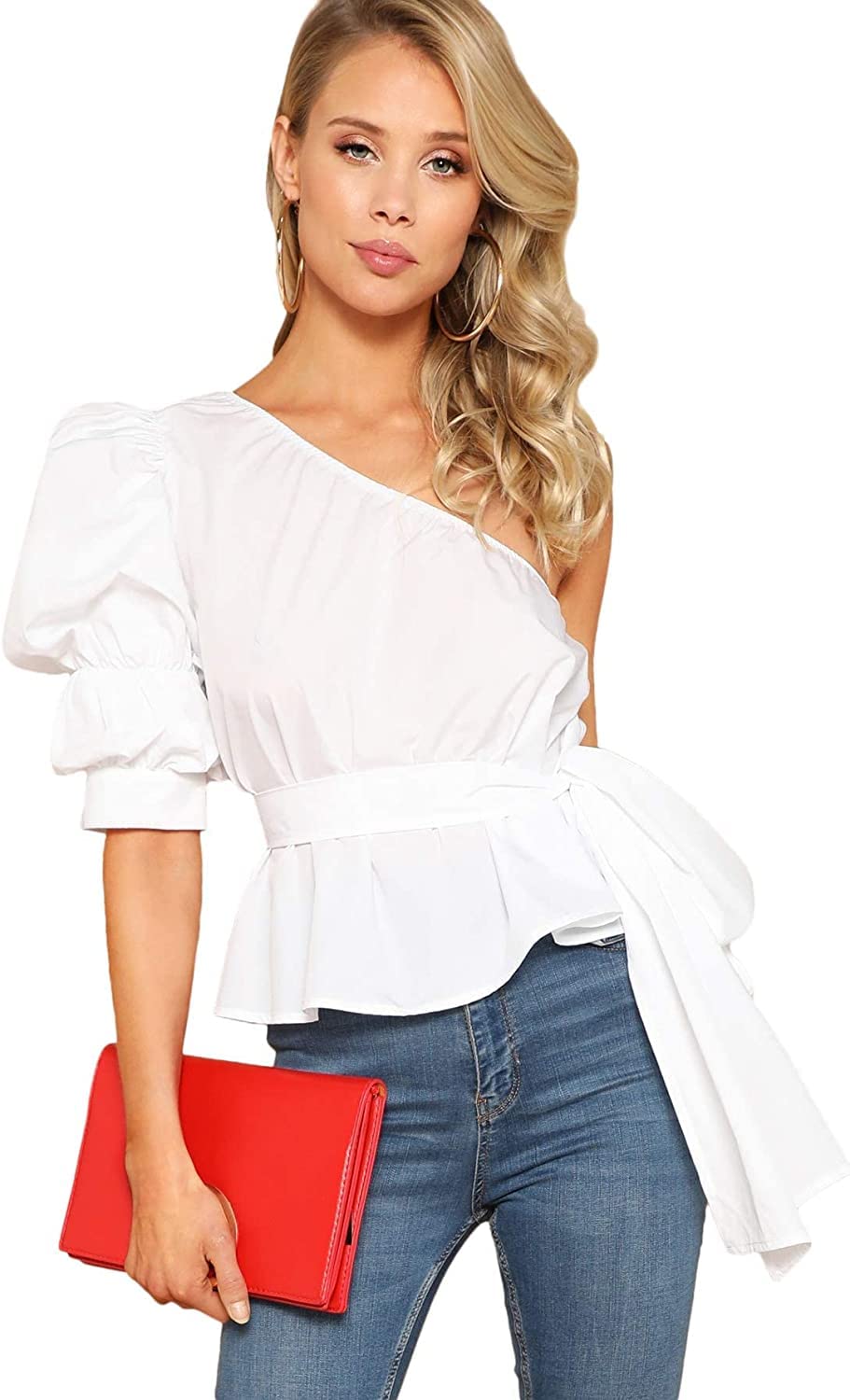 Romwe Women's One Shoulder Short Puff Sleeve Blouse with Self Belt - Elegant Solid Color Top for Party, Date Night & Special Occasions