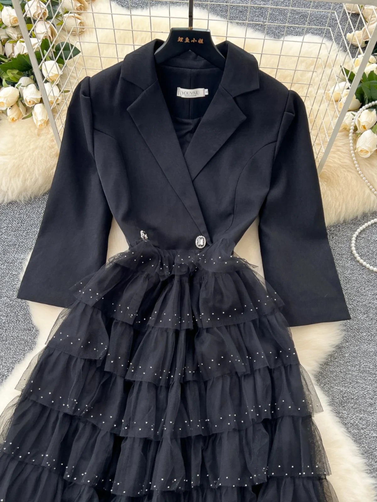 2024 Autumn Black Mesh Patchwork Sequin Elegant Long Sleeve Slim Dress for Women | Korean Style High Waist Cake Dress in Khaki | Perfect for Parties, Weddings & Evening Events
