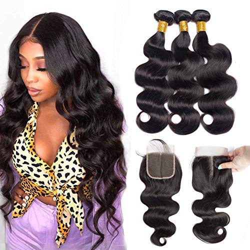 ALLRUN 100% Unprocessed Brazilian Human Hair Body Wave Bundles with Middle Part Lace Closure (20 22 24+18 Inch) - Natural Looking Hair Extensions for Styling, Volume & Everyday Wear