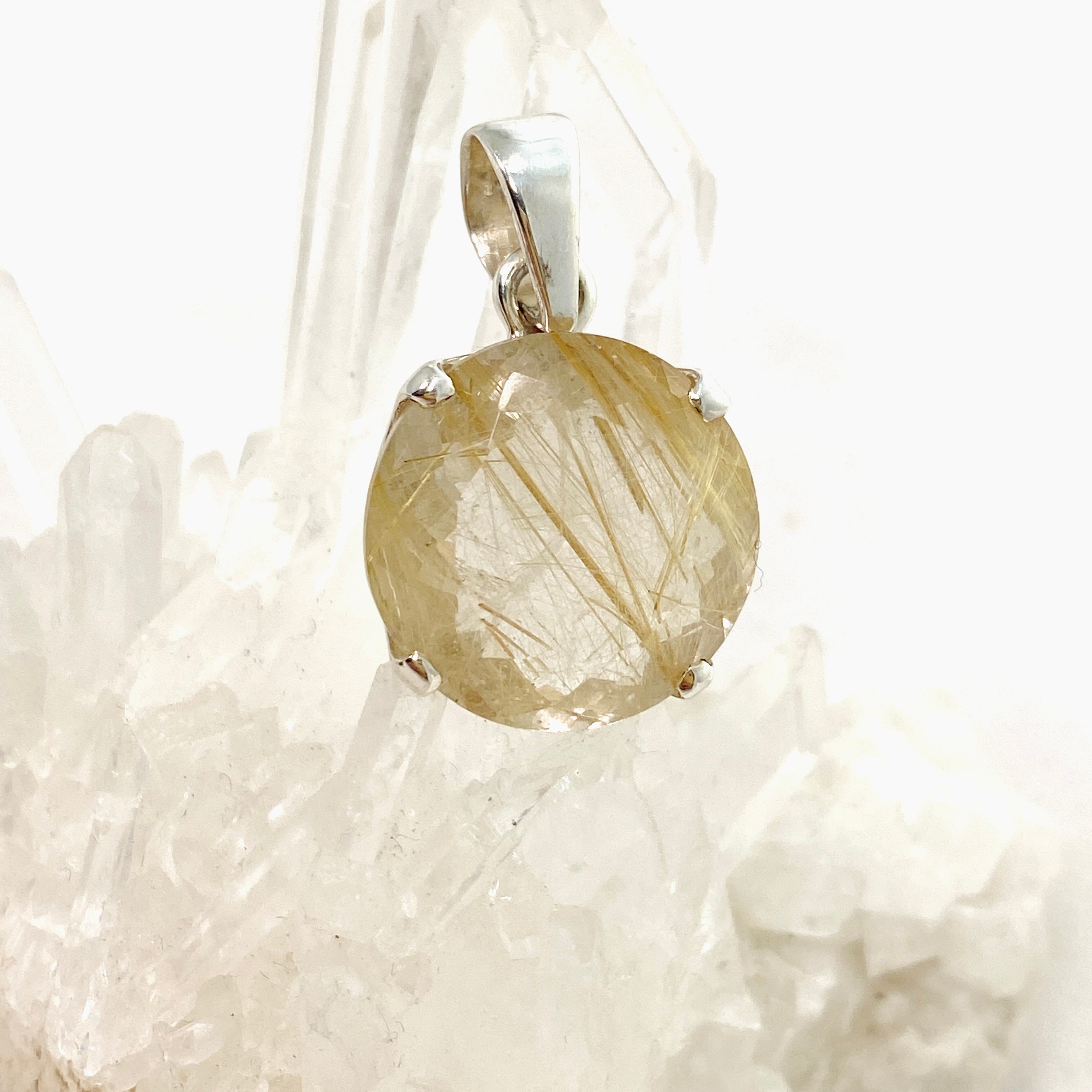 Natural Rutilated Quartz Round Faceted Pendant Necklace PPGJ840 - Elegant Jewelry for Women, Perfect for Everyday Wear & Special Occasions