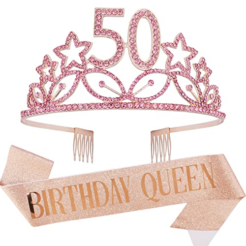 KICOSY 50th Birthday Sash & Tiara Set for Women - Pink '50 & Fabulous' Crown & Sash - Perfect 50th Birthday Party Decorations & Gifts for Women - Great for Milestone Celebrations, Birthday Parties & Photo Props