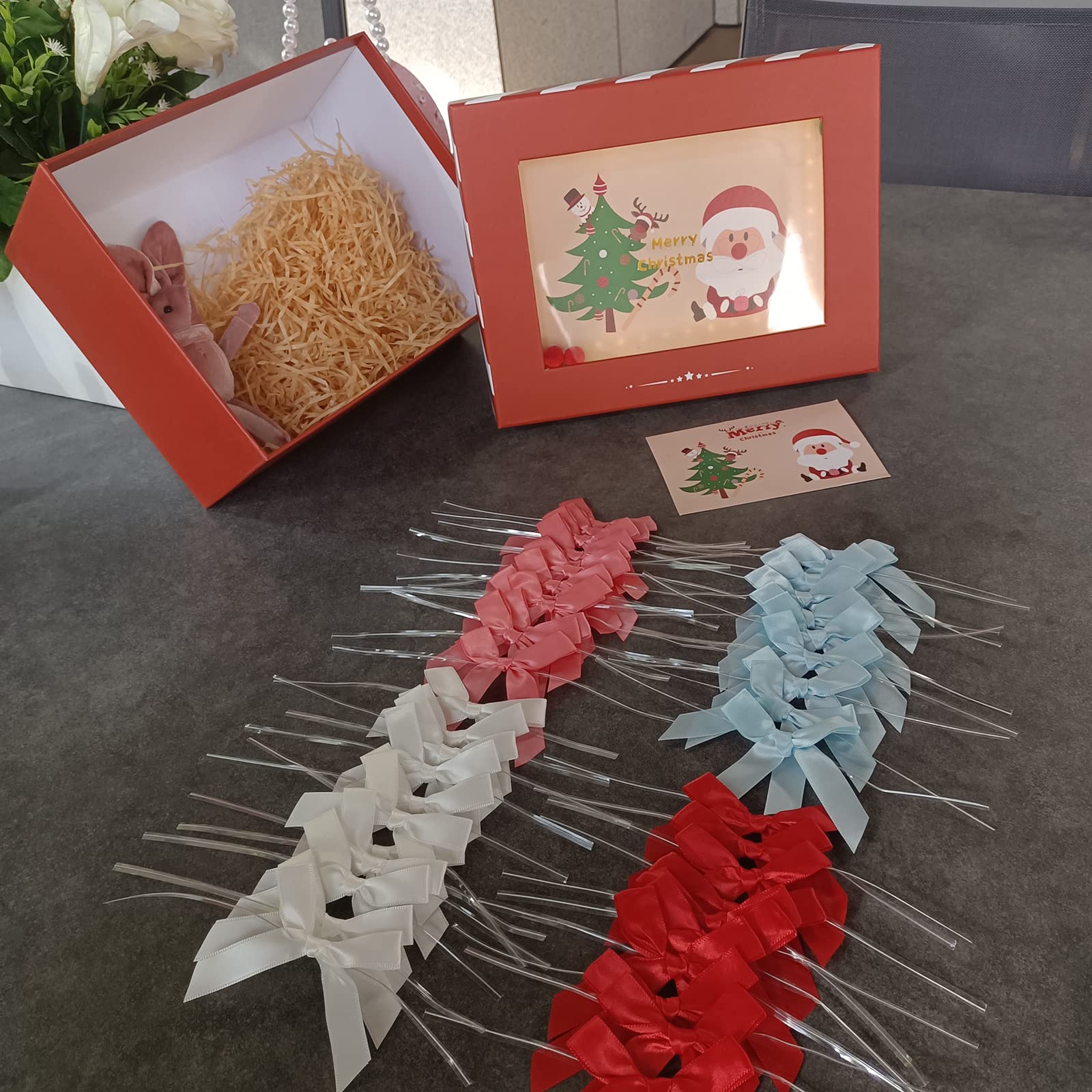 100 Pack White Pre-Tied Satin Twist Tie Bows for Christmas Treat Bags, Candy & Apple Packaging, DIY Decorations - Perfect for Holiday Gifts, Party Favors & Craft Projects