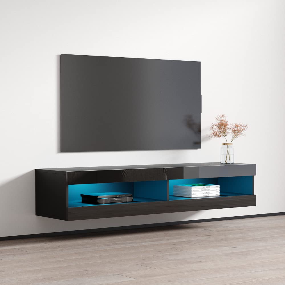 Modern Floating TV Stand with Storage & LED Lights - Wall Mounted High Gloss Media Console for TVs Up to 70