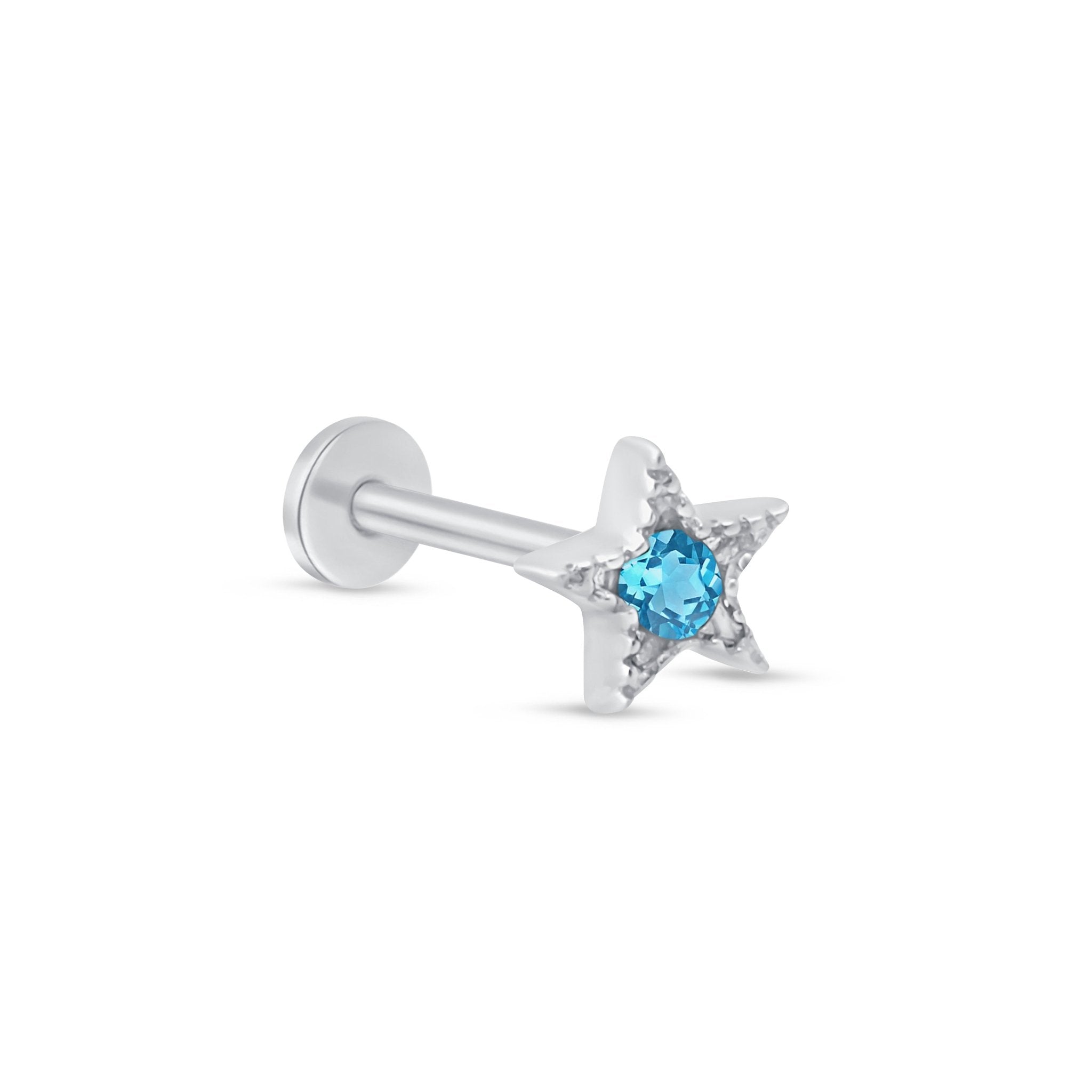 14k White Gold Blue Topaz Star Stud Earrings with Milgrain Detail - Perfect for Bridal, Evening Wear & Special Occasions