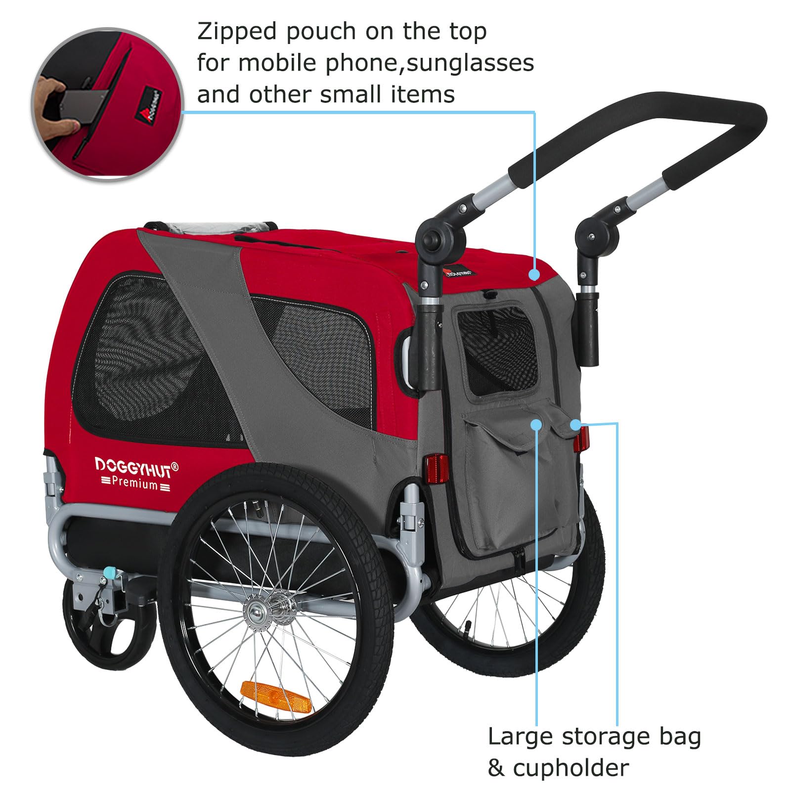 DOGGYHUT® Premium Medium Pet Bike Trailer & Stroller 2-in-1 - Convertible Dog Carrier for Small to Medium Dogs up to 50 lbs - Safety Parking Brakes, Easy Fold Design, Universal Bicycle Coupler - Perfect for Cycling, Jogging, Park Visits & Outdoor Adventures (E-Bike Compatible)