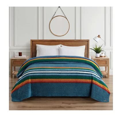 Premium Queen Sherpa Fleece Pendleton Blanket - Soft Striped Blue Serape Throw for Cozy Winter Nights, Bedroom Decor, and Outdoor Camping