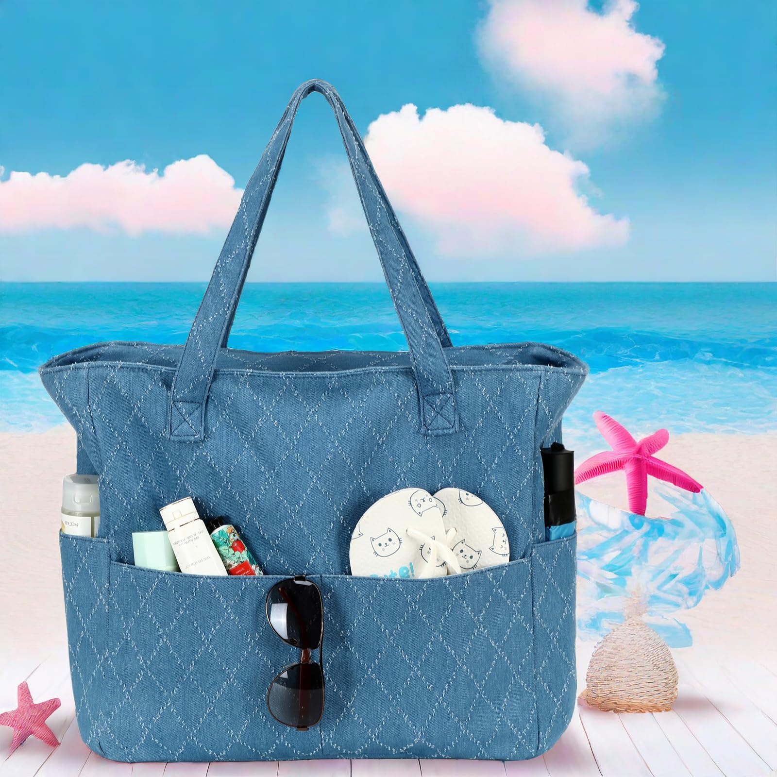 Waterproof & Sandproof Large Beach Tote Bag for Women - Extra Large Zippered Pool Bag with Wet Pocket - Perfect for Beach, Gym, Grocery Shopping & Travel
