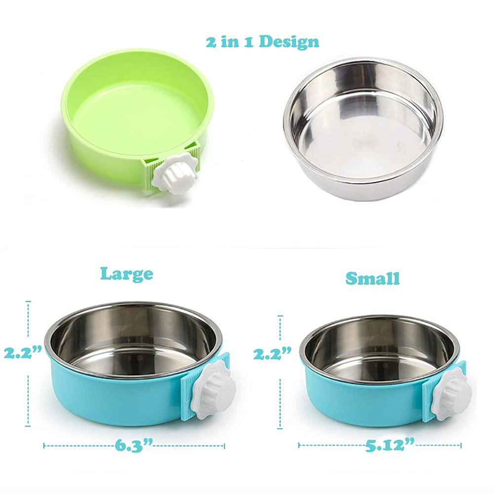 Love Dream Crate Stainless Steel Hanging Pet Bowls - Removable Food & Water Feeder for Kennels, Cages & Coops - Perfect for Dogs, Cats, Rabbits & Small Animals (Large, Green) - Ideal for Travel, Outdoor Adventures & Home Feeding