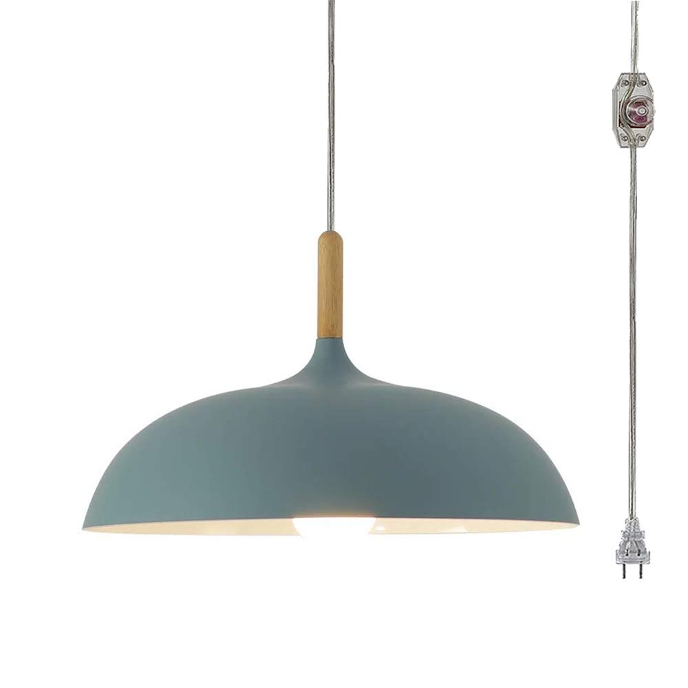 Nordic Minimalist Wooden Handle Pendant Light with 20ft Plug-in Cord & UL Dimmer Switch - Macaron Blue Lampshade for Living Room, Bedroom, Loft - Bulbs Not Included - Perfect for Dining Areas, Reading Nooks & Home Decor