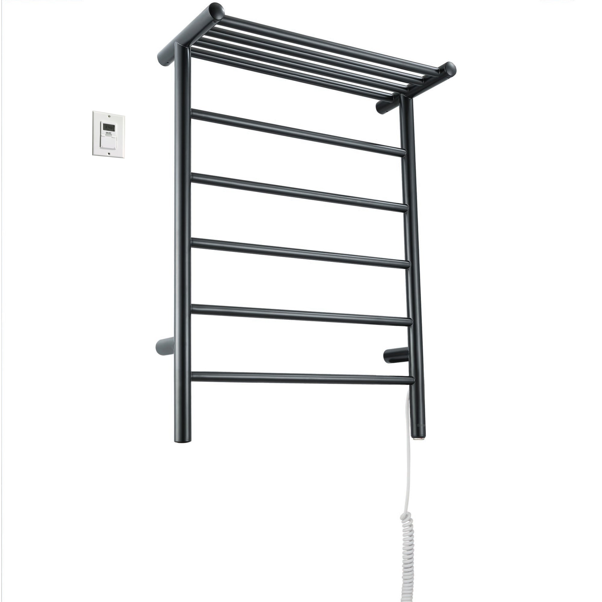Ancona Miazzo 5 Bar Electric Wall Mount Towel Warmer - Plug In or Hardwire with Shelf & Timer - Matte Black - Perfect for Bathroom, Spa & Luxury Home Heating