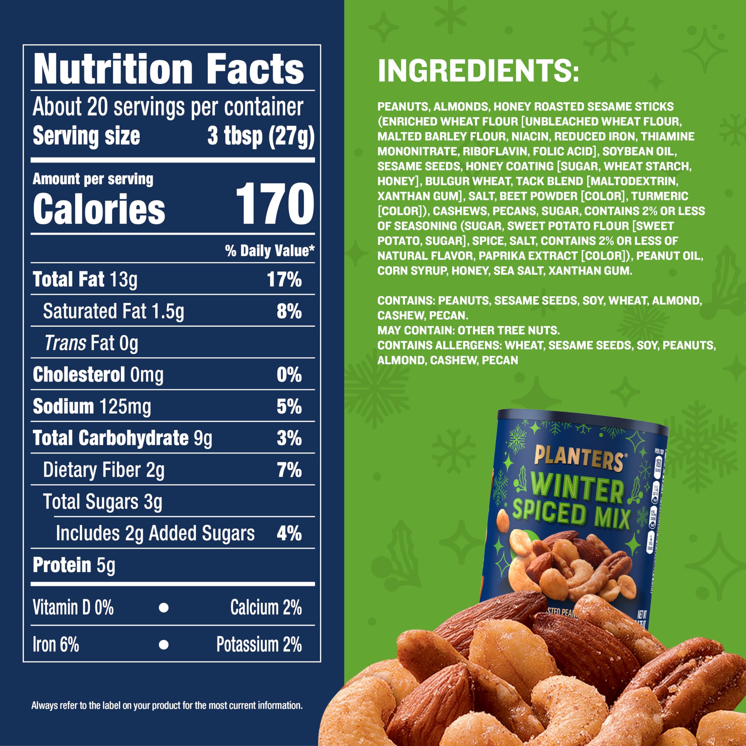 Planters Winter Spiced Mix Nuts & Snacks Canister, 18.75 oz (531g) - Holiday Gift, Party Snacks & Office Treats