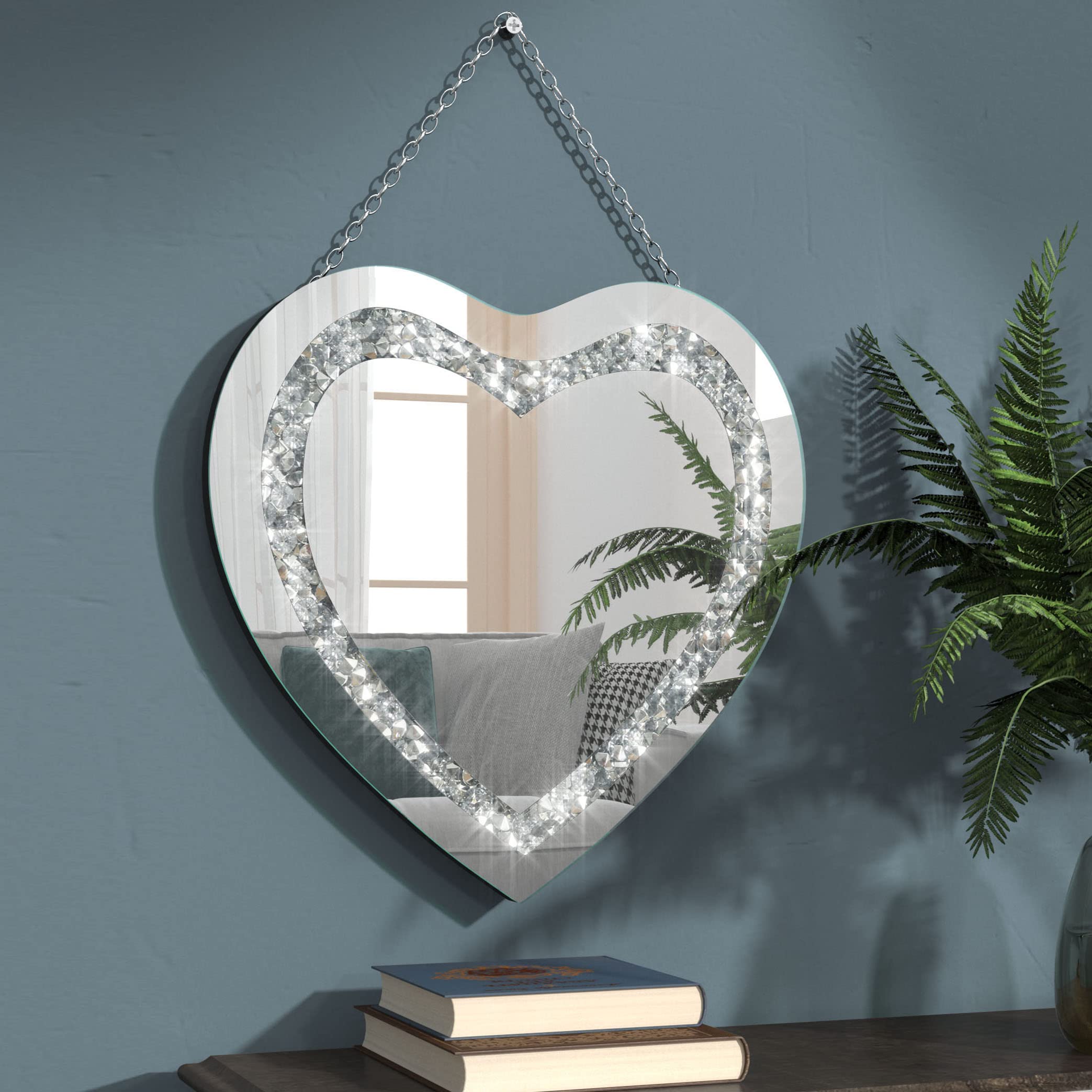 Heart Shaped Wall Mirror - 12 Inch Crystal Crush Diamond Decorative Mirror with Hanging Chain | Perfect for Bedroom, Bathroom, Vanity & Home Decor