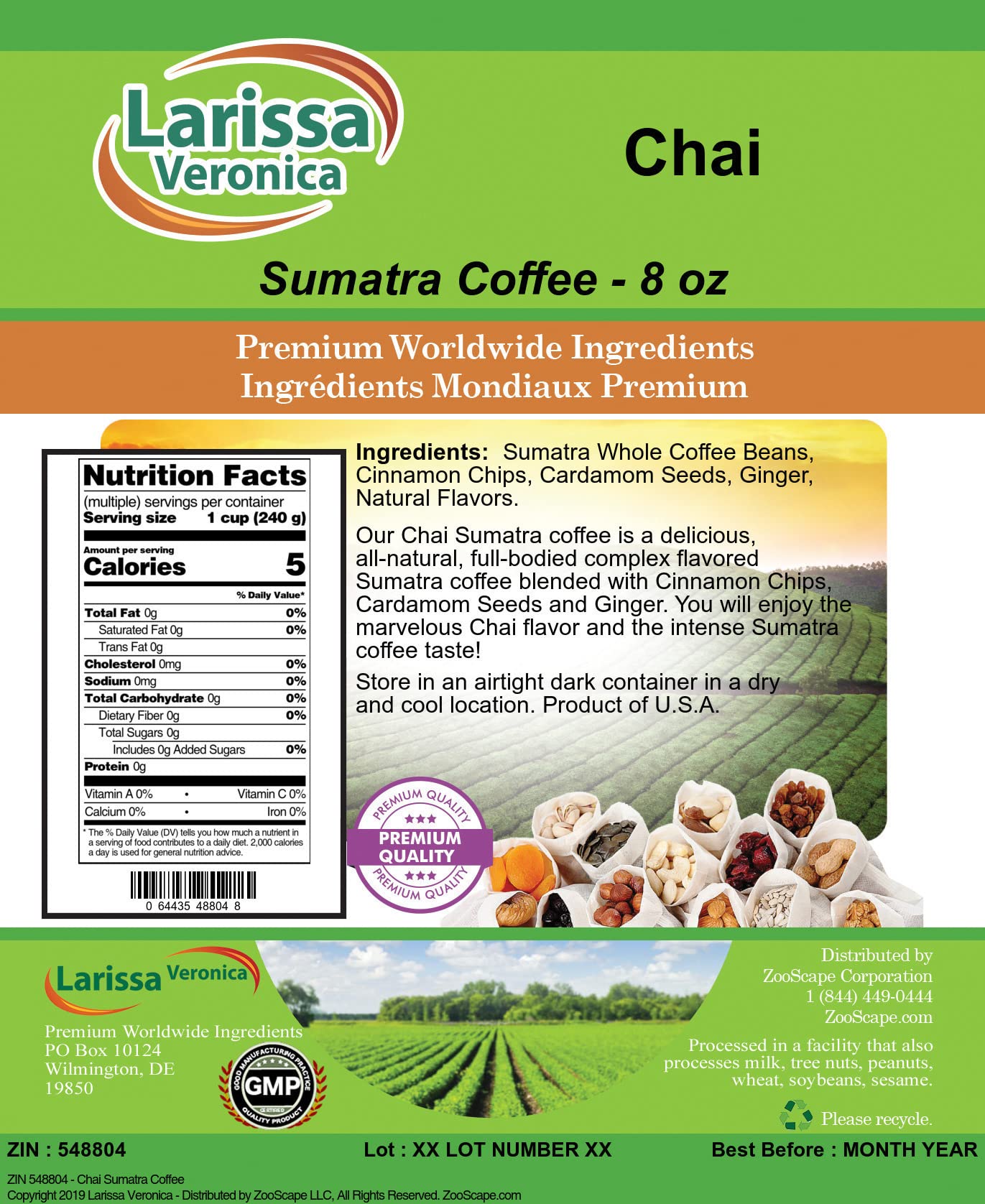 Premium Sumatra Chai Coffee Beans - Gourmet, Naturally Flavored Whole Bean Coffee (8 oz, 2-Pack) - Perfect for Home Brewing, Office Use & Gifts